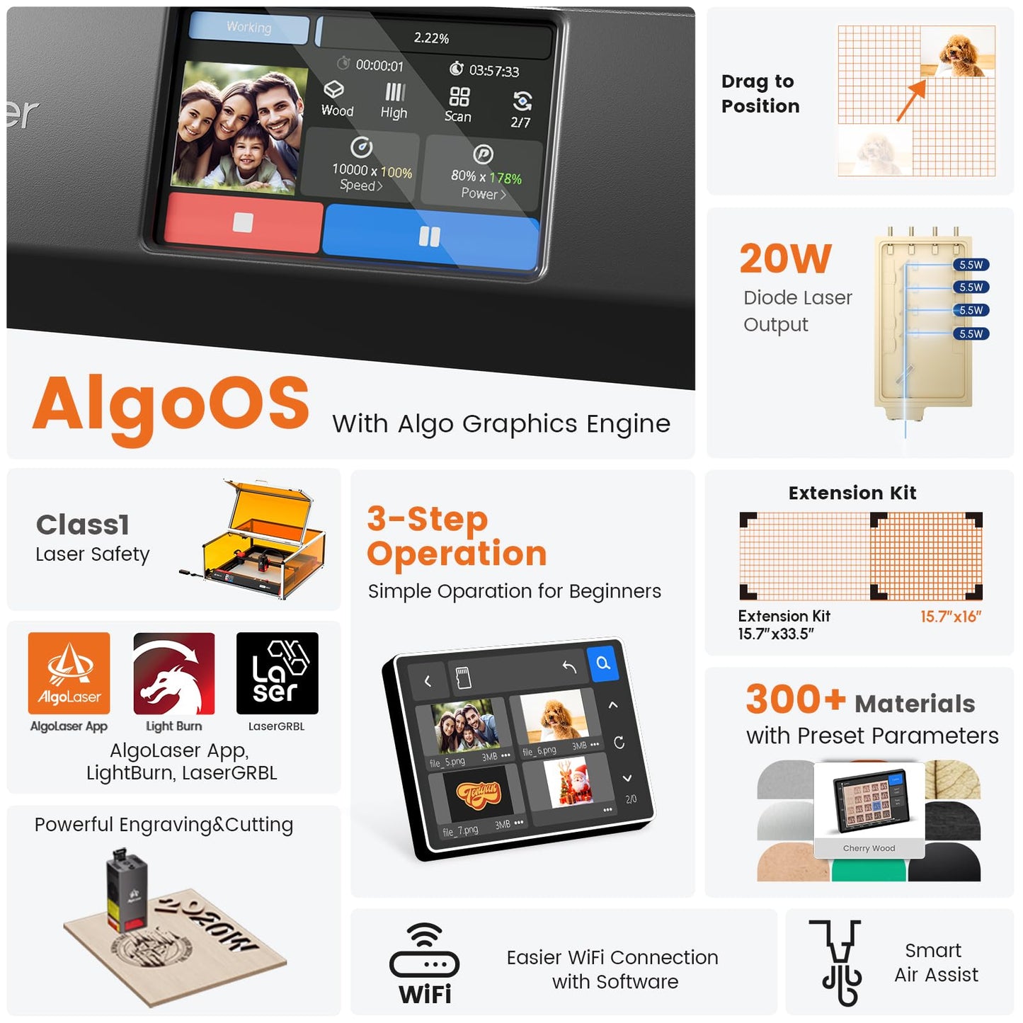 Algolaser 20W Laser Engraver Machine - Laser Cutter/Engraver with Air Assist Kit - Laser Engraving Machine with 3.5" Smart Touchscreen & 2.0 AlgoOS System, Laser Engraver for Wood,Metal,Glass