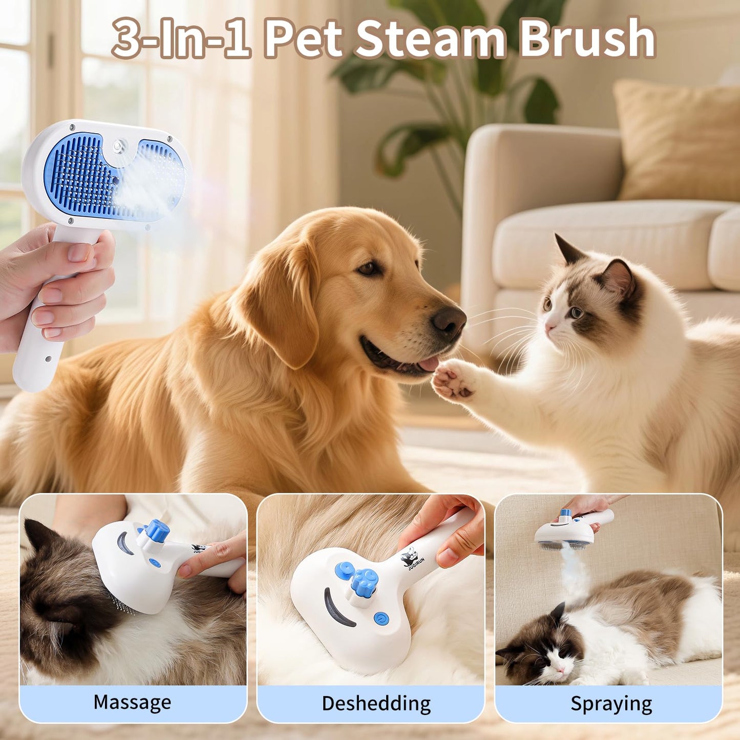 JUGIRUN Cat Steam Brush for Shedding,3 In 1 Steam Brush for Dogs & Cats,Spray Hair Removal Comb,Includes Waterless Shampoo,Suitable for Long-haired and Short-haired Pets