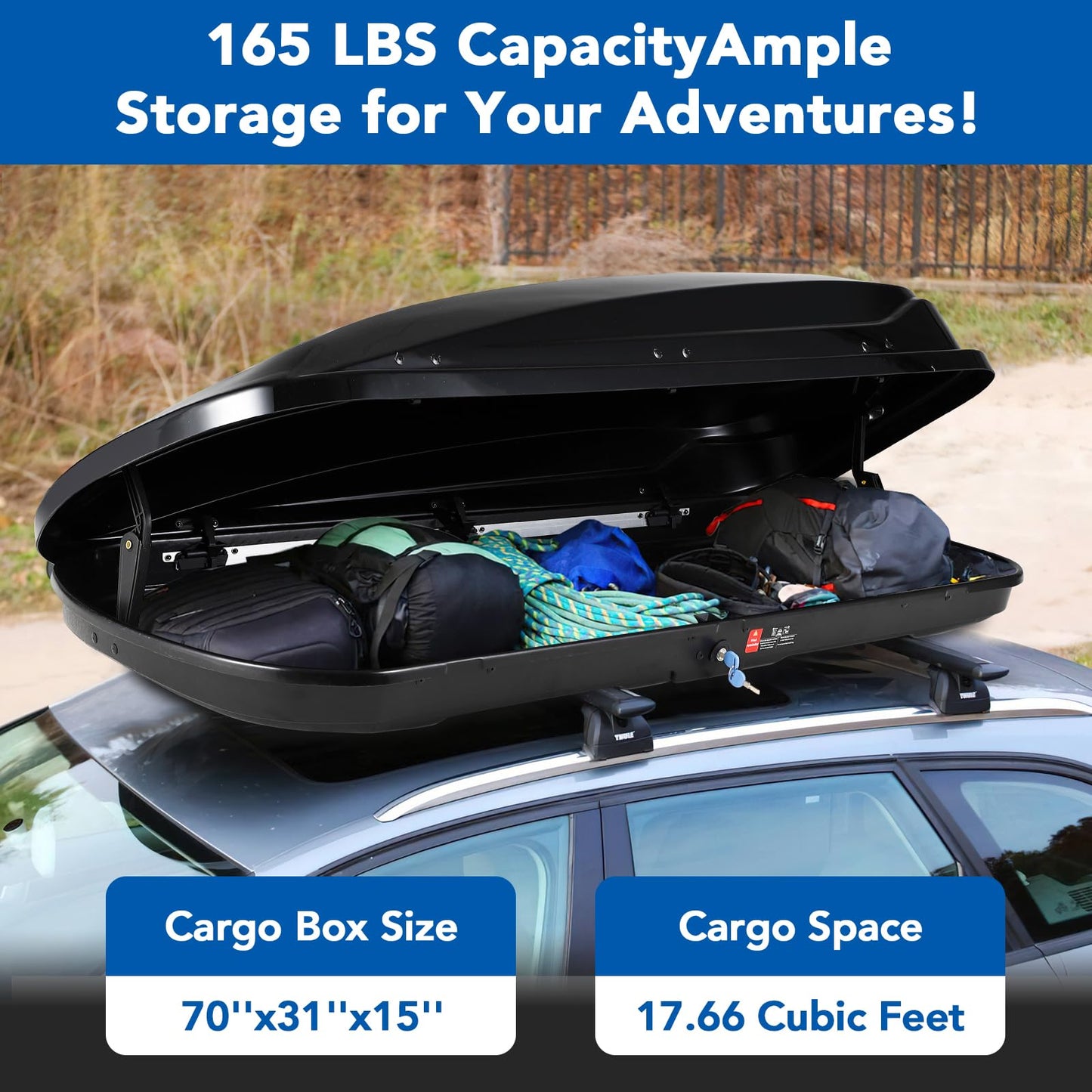 Hard Shell Roof Top Cargo Carrier - 17.7 Cu Ft Tool-Free Installation with Locking Keys, SUV Truck Roof Cargo Box - Waterproof & Durable for Road Trips, Camping & Travel - 70" L x 31" W x 15" H