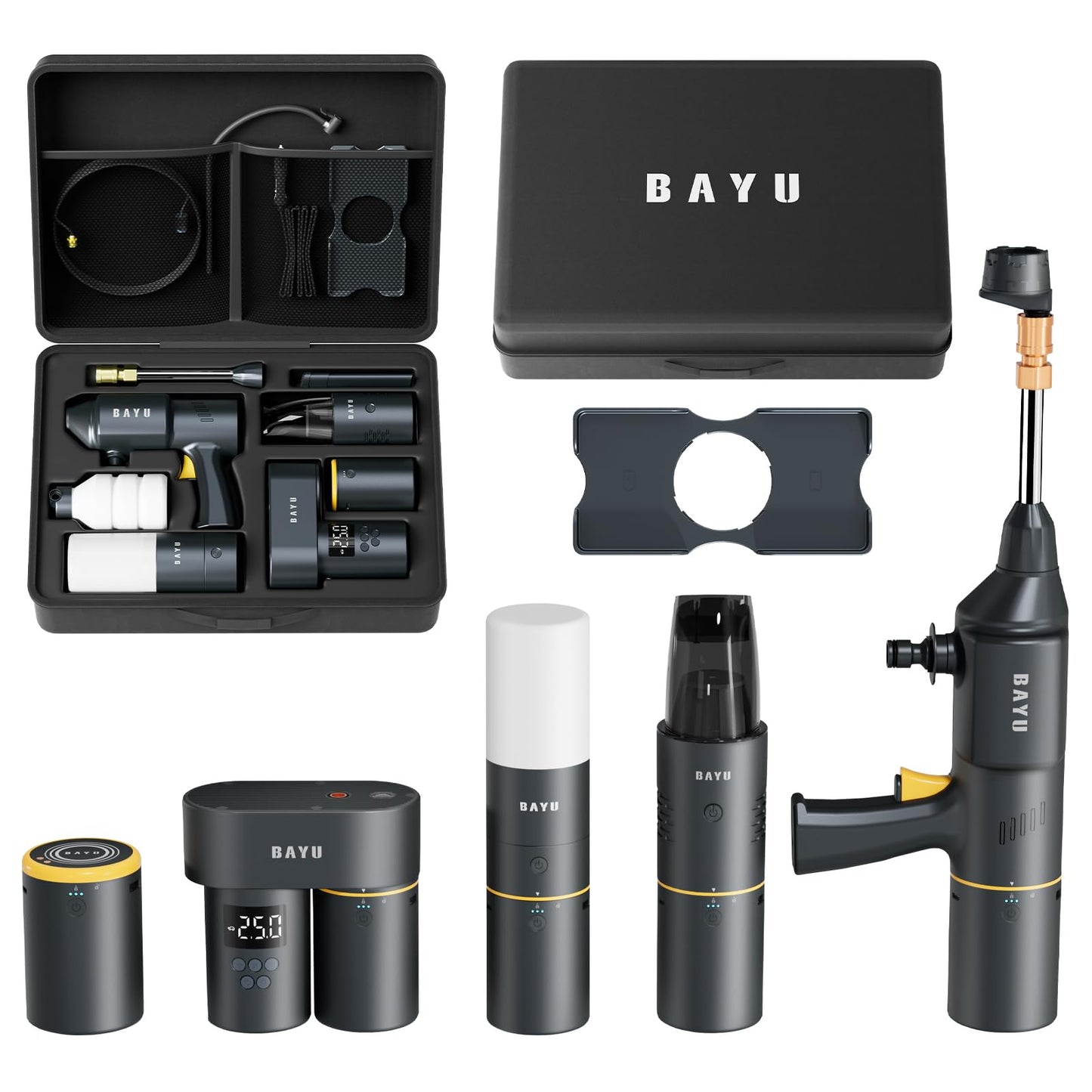 BAYU 6-in-1 Cordless Power Washer Gun Kit with Foam Bottle, Include Vacuum Cleaner 19000KPA, Car Tire Inflator, Power Bank 19200mAh, Flashlight with Lightshade, Cellphone stend (6Pcs)