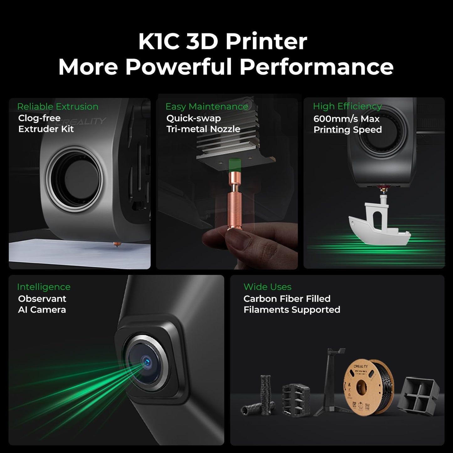 Creality K1C 3D Printer, 600mm/s High-Speed Auto Leveling Clog-Free Robust Direct Extruder K1 SE Upgraded 3D Printer with AI Camera 300°C Printing Silent Mode Support Carbon Fiber Filaments