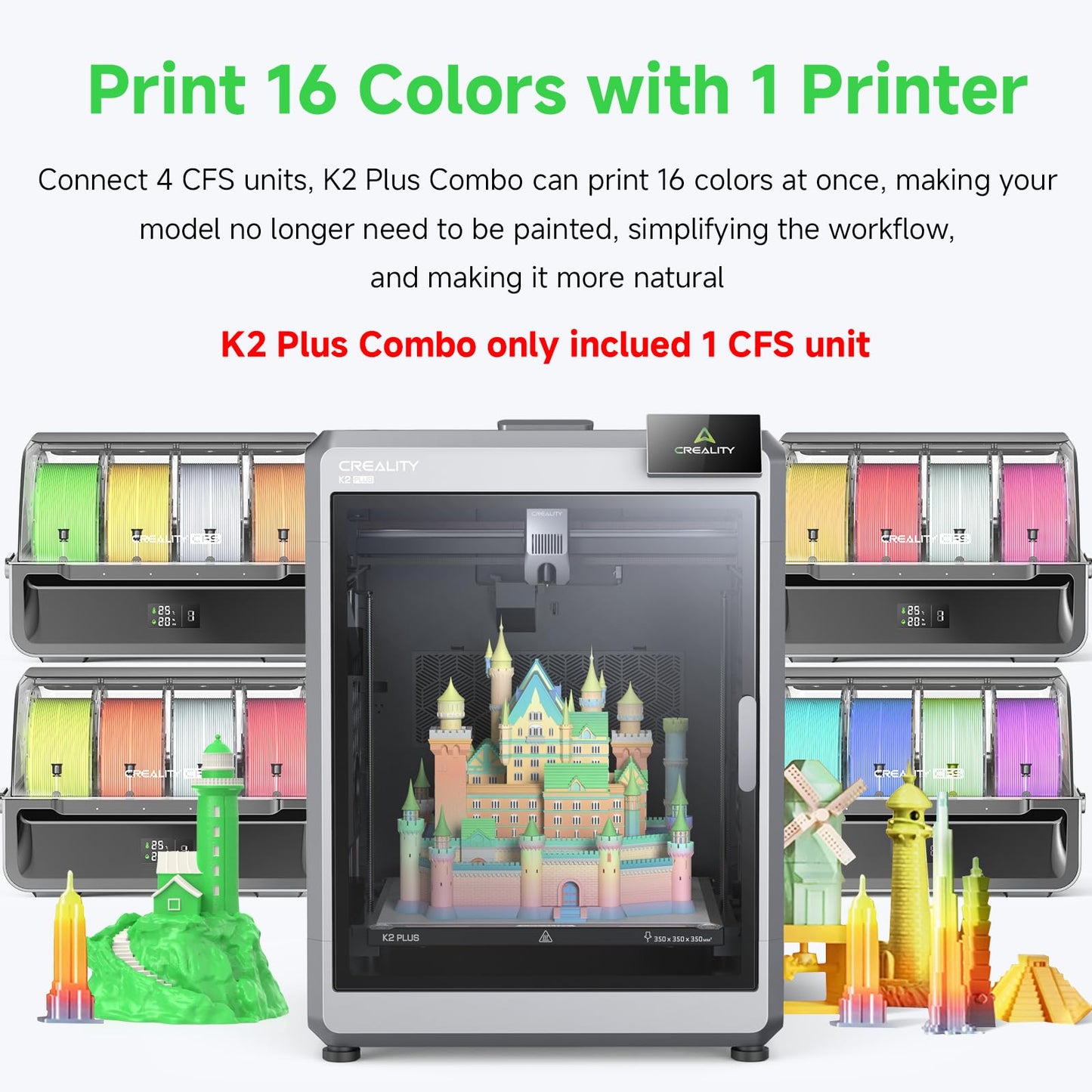 Official Creality K2 Plus Combo 3D Printers, Multicolor Printing Machine Up to 16 Colors, 600mm/s High-Speed Printing, Dual AI Camera for Monitoring, 350x350x350mm Build Volume& Filament System