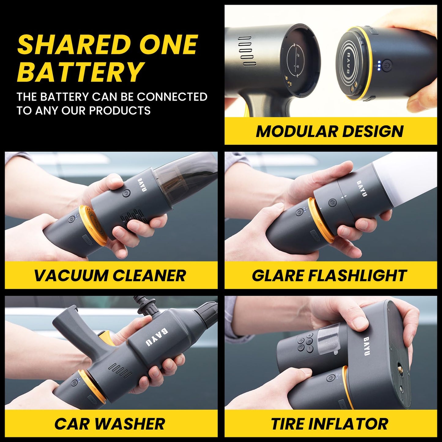 BAYU 6-in-1 Cordless Power Washer Gun Kit with Foam Bottle, Include Vacuum Cleaner 19000KPA, Car Tire Inflator, Power Bank 19200mAh, Flashlight with Lightshade, Cellphone stend (6Pcs)