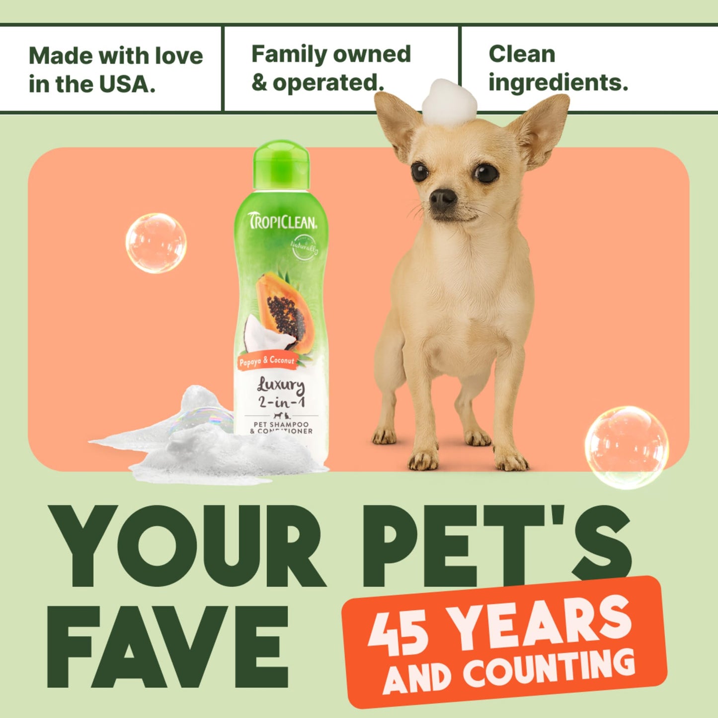 TropiClean 2-in-1 Dog Shampoo and Conditioner, Moisturizing Dog Detangler, Puppy Safe, Made in the USA, Papaya Scent, Cat & Kitten Safe, 20oz.