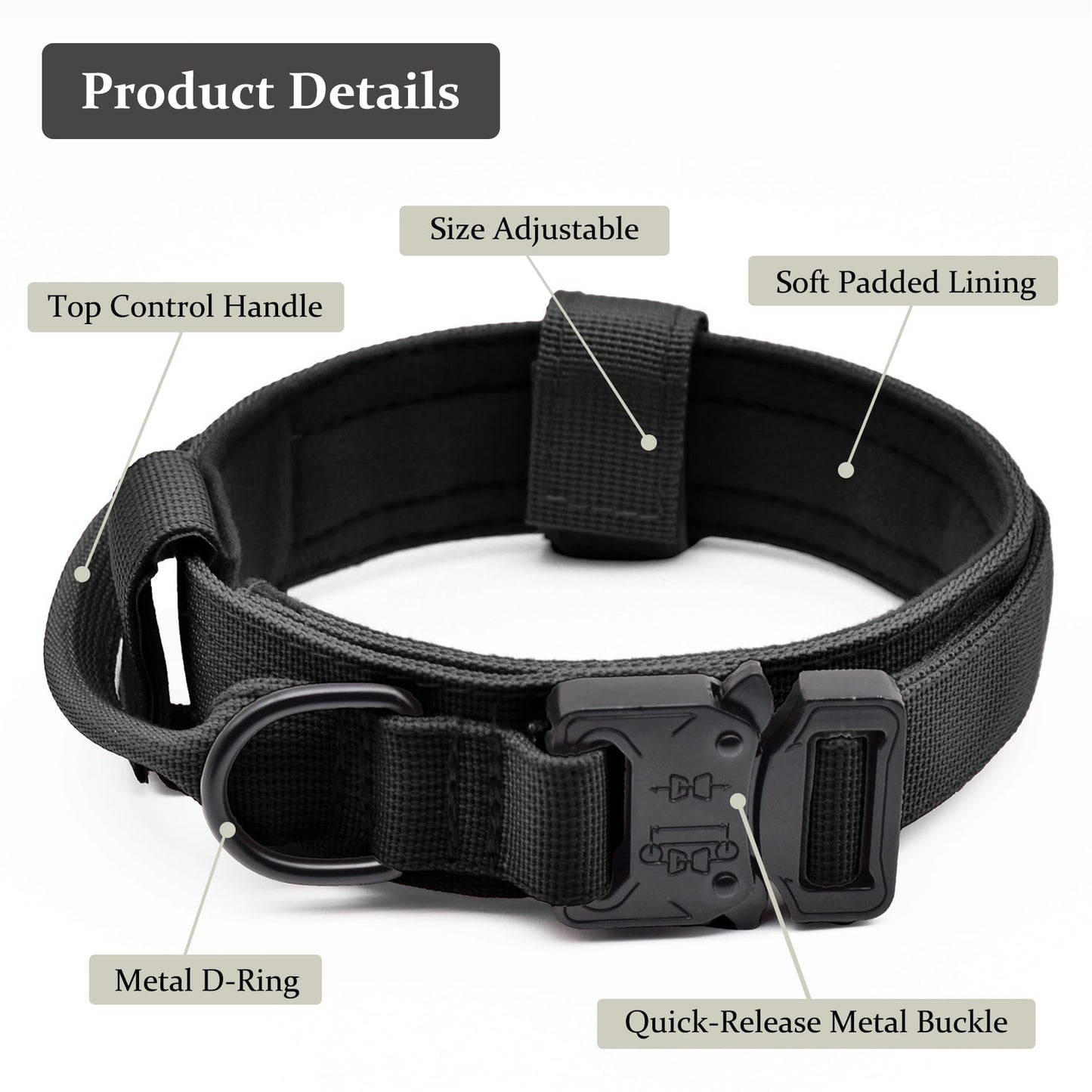 Tactical Dog Collar, Adjustable Military Training Nylon Dog Collar with Control Handle and Heavy Quick-Release Metal Buckle for Small Medium Large Dogs, Black L
