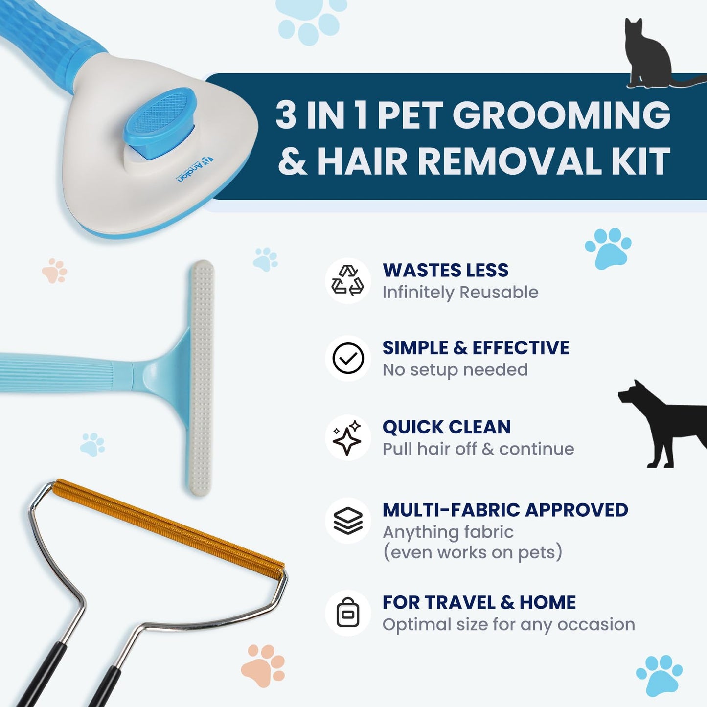 3 in 1 Analan Cat Brush Pet Hair Remover for Dog & Cat, Self-Cleaning Slicker Brush for Pet Grooming, Perfect Pet Hair Removal Tool for Furniture Carpets Couches and Bedding (Sky Blue)