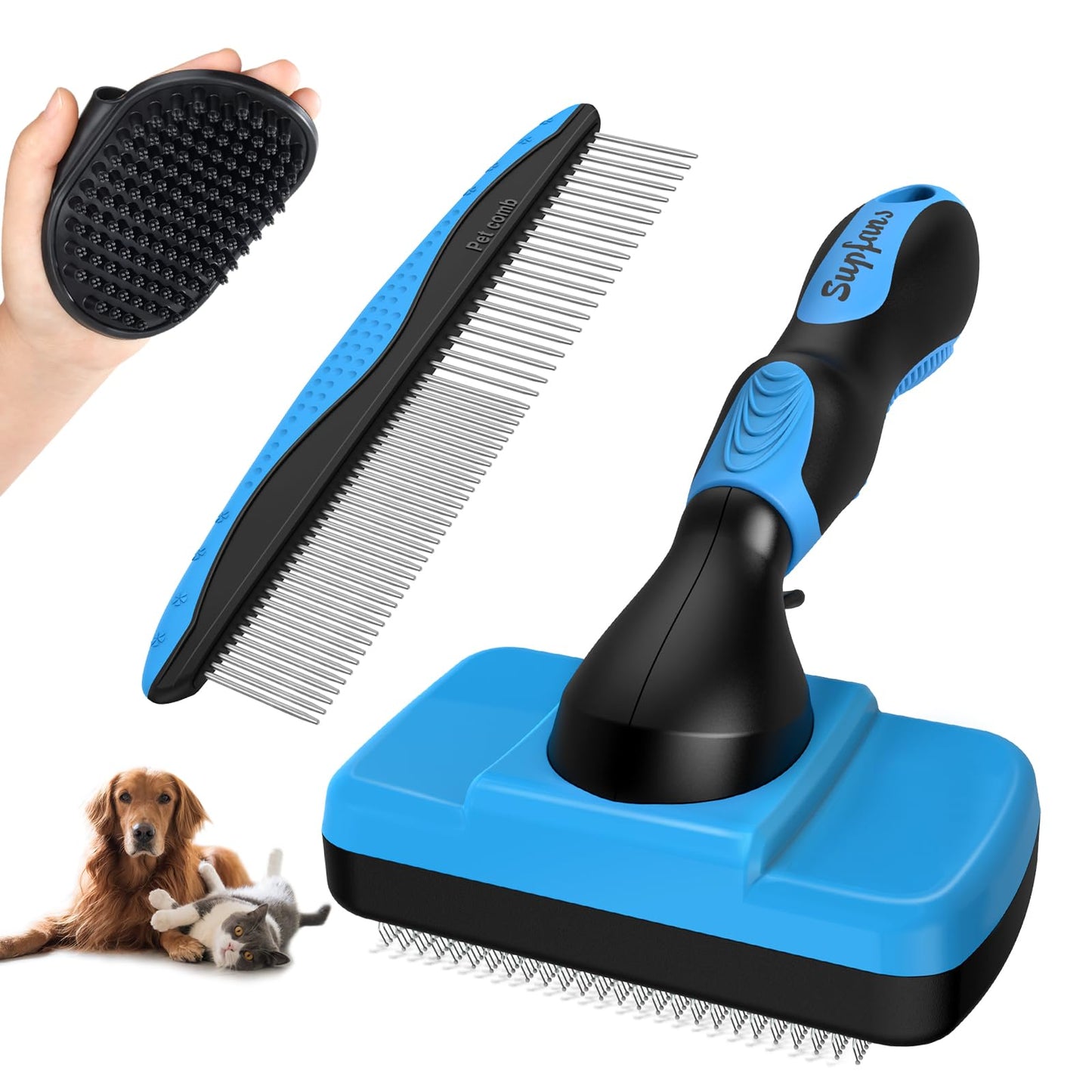 3PCS Dog Grooming Kit - Deshedding Brush, Slicker Brush, Bath Brush and Comb for Pet Supplies (Blue Black)