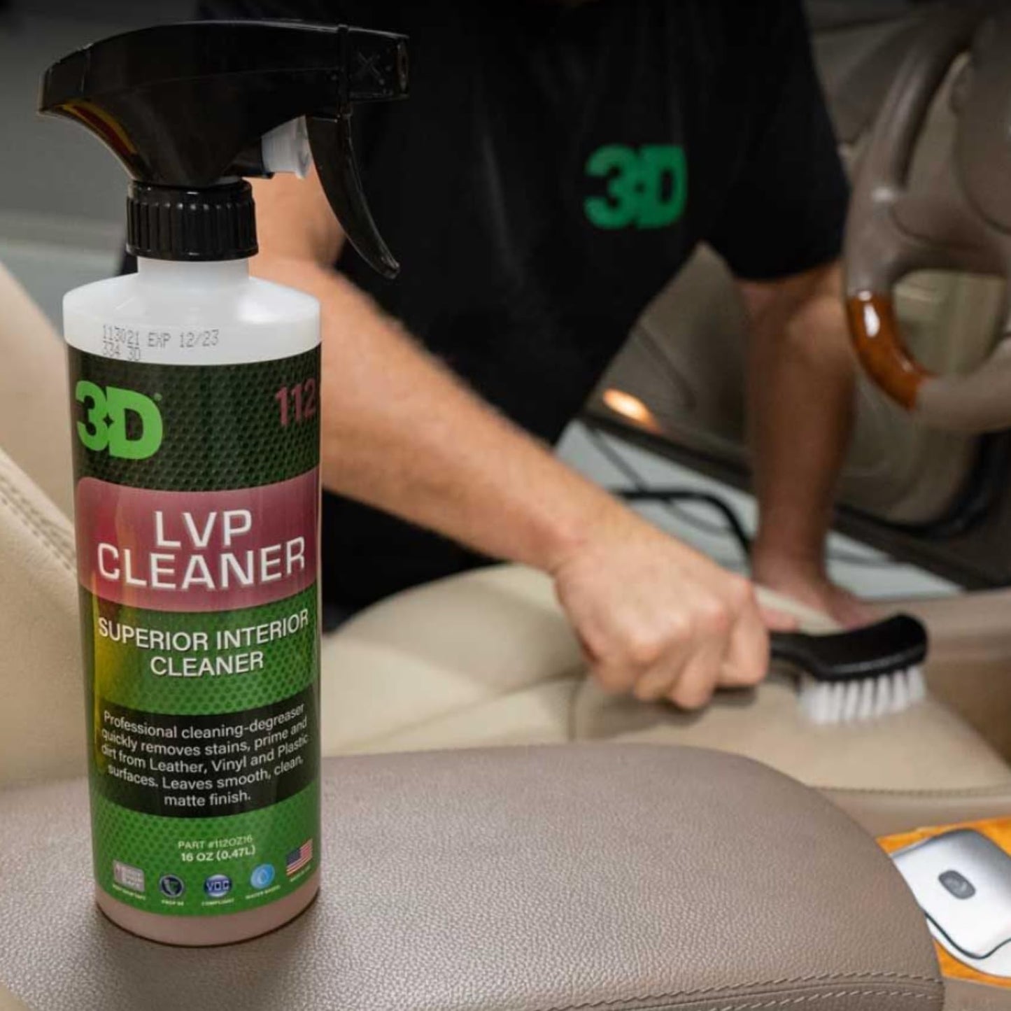 3D LVP Interior Cleaner - Removes Dirt, Grime, Grease, Oil & Stains from Leather, Vinyl & Plastic - Great for Seats, Steering Wheels, Door Panels, Dashboards - Car, Office, Home Use 16oz.