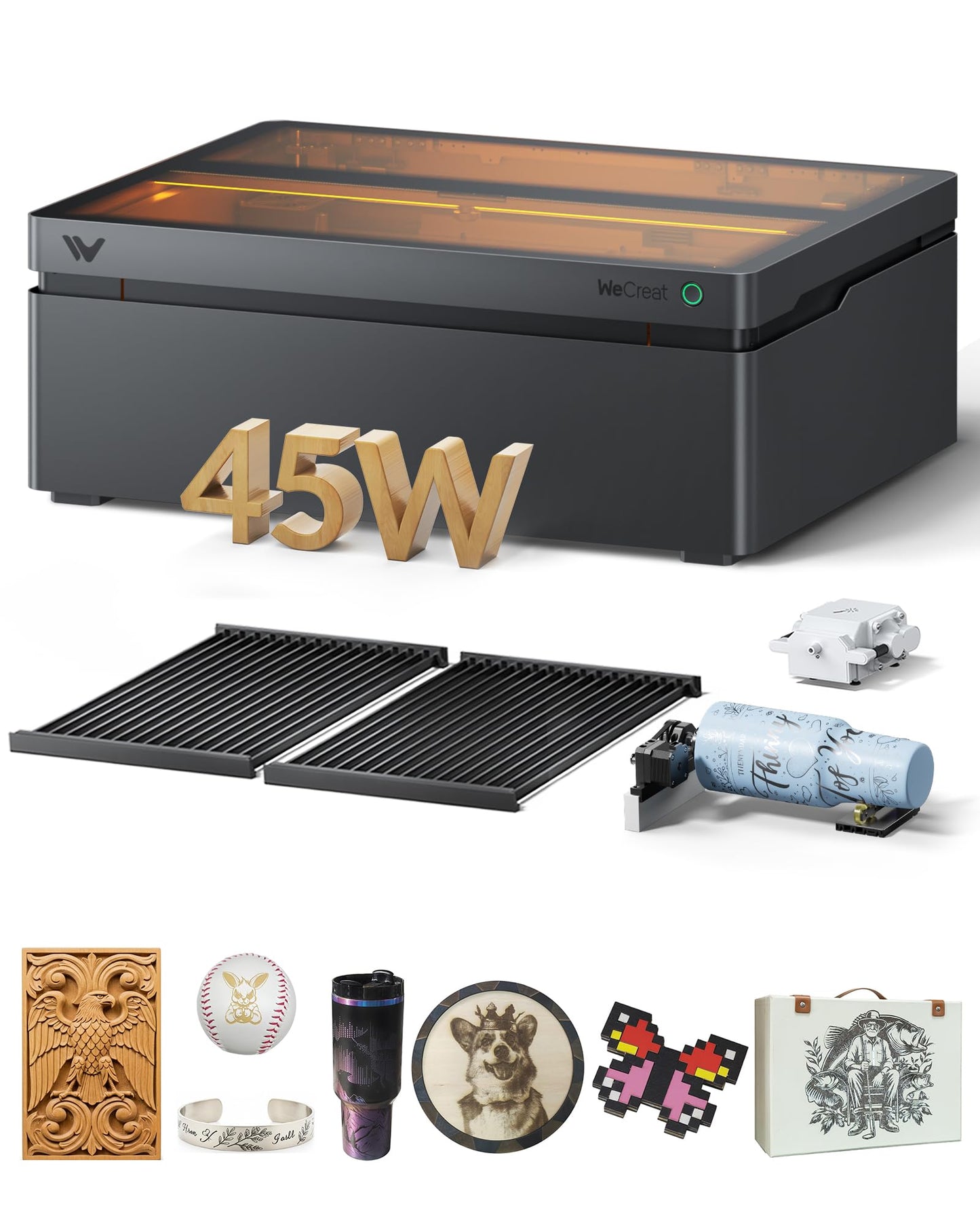 WECREAT Vision Pro 45W Laser Engraver and Cutter with Rotary Pro, HD Camera & Auto-Lifting, Laser Cutter Cuts 1” Wood, Full Enclosure Laser Engraving Machine for Tumblers, Wood and Metal, Acrylic, etc