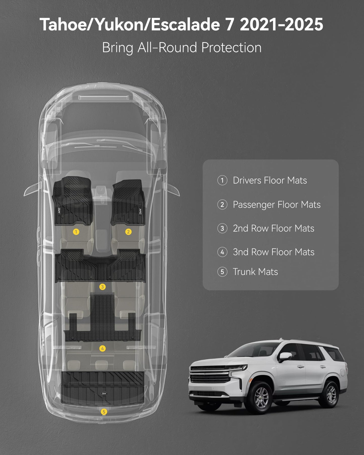 3W Floor Mats & Cargo Liner Fit for 2021 2022 2023 2024 2025 Chevy Tahoe/GMC Yukon/Cadillac Escalade 7 Seat, TPE All Weather Custom Fit Car Accessories Heavy Duty Rubber Full Set Trunk Mats