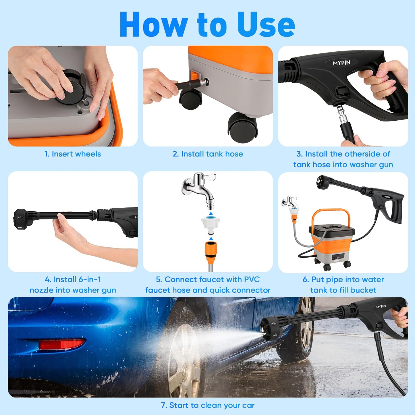 660PSI Portable Cordless Pressure Washer with Folding 3.4Gal Tank, 6-in-1 Nozzle, 7 Adjustable Pressure Levels, 7M Hose, Portable Sprayer with Wheels for Car Floor Wall Fence Cleaning, Pet Cleaning