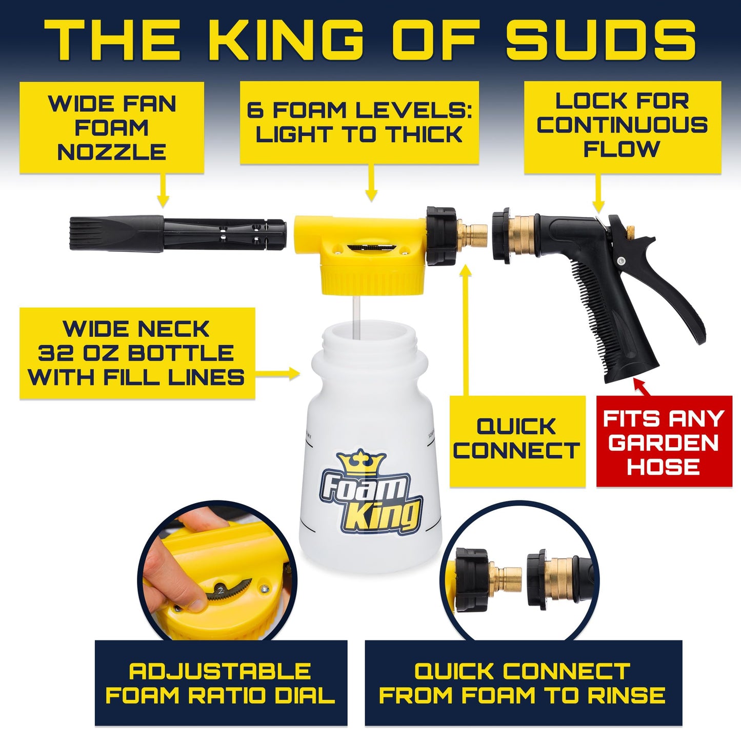 Foam King Car Wash Foam Gun, Foam Cannon for Hose Garden - The King of Suds - Ultimate Scratch Free Cleaning Car Soap Sprayer - Snow Foaming Blaster Fits all Garden Hose