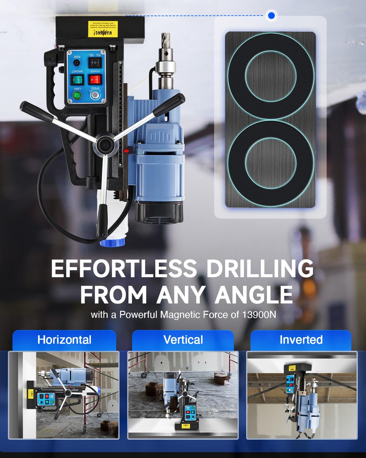 ZELCAN Magnetic Drill Press with 11 Drill Bits, 1550W Mag Drill Press with 2" Dia. 3125 lbf/13900N Mag Force, 650 rpm Power Magnetic Drill with Stepless Speed & Reversible Direction for Metal Surface
