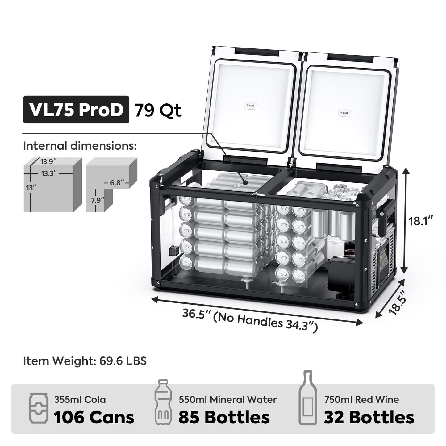 ICECO VL75 ProD Portable Refrigerator with Multi-directional Lid, 12V Dual Zone Fridge Freezer Powered by SECOP, Dual USB & 12/24V DC, 110-240V AC, 0°F to 50°F, Car, RV, Outdoor Use|with 250wh Battery