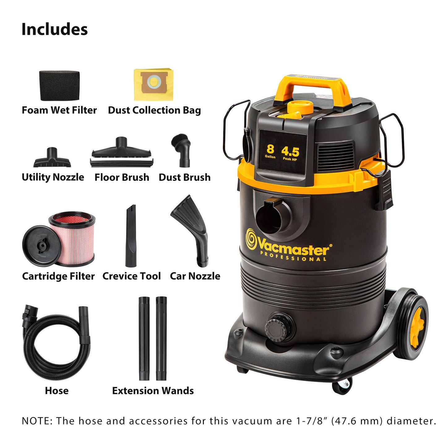 Vacmaster Professional VDK811PW 0201 8 Gallon 4.5 Peak HP Wet/Dry Vac with Self-Cleaning Filter System, 8 Gal, Black