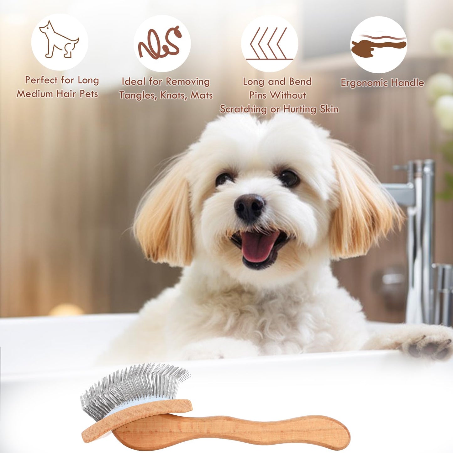 COZYGIFT Large Dog Brush for Medium or Long Haired Dogs, Long Pin Slicker Brush for Removes Loose Hair, Tangles and Knots, Best Grooming Brush for Small Animals, Free Pet Comb, Wood