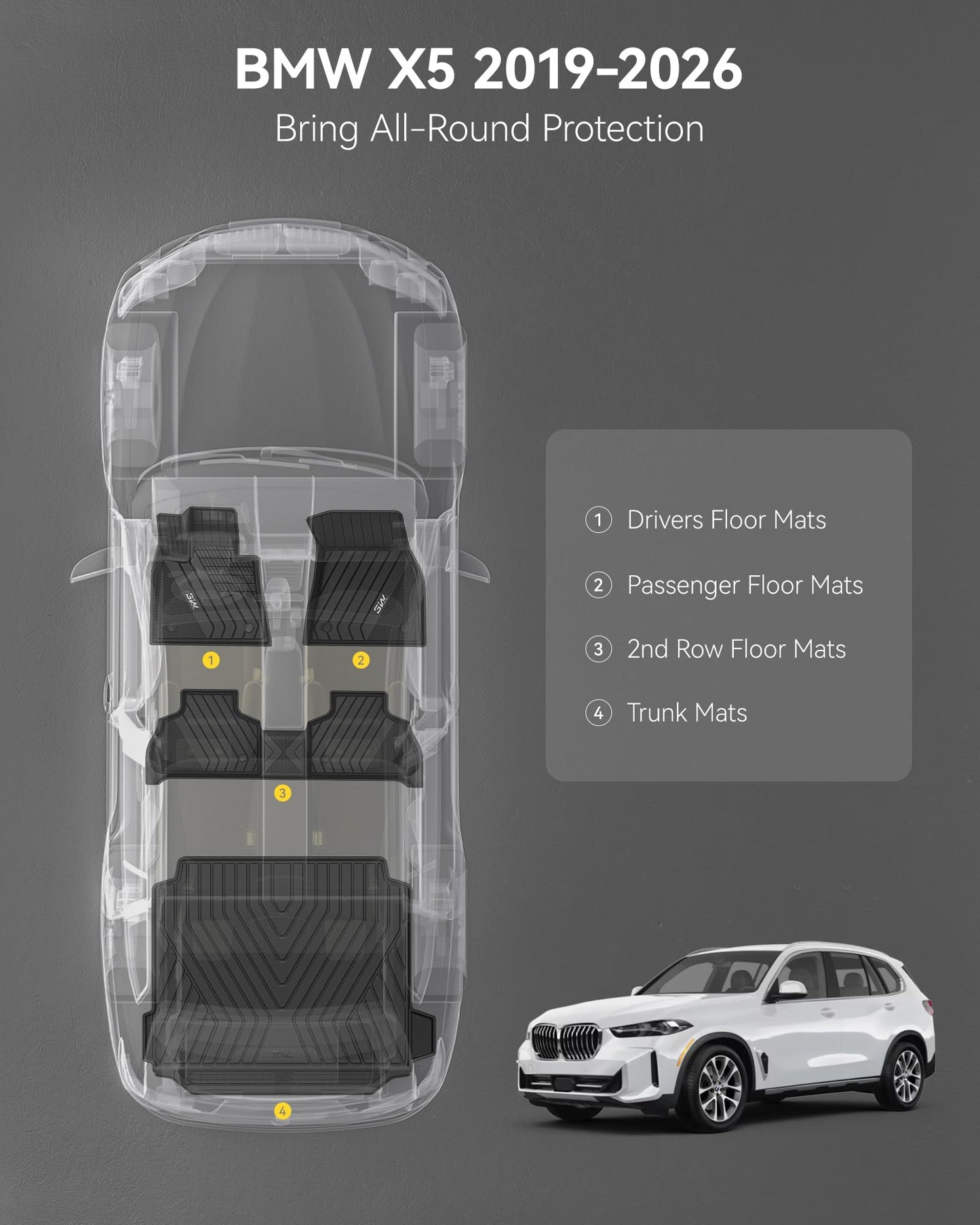 3W Floor Mats & Cargo Liner Custom Fit for BMW X5 2019-2024 2025 2026 40i/45e/50e/50i/M/M50i/M60i TPE All-Weather Full Set Heavy Duty Floor Liner and Trunk Mat Accessories (Only for 5 Passenger)