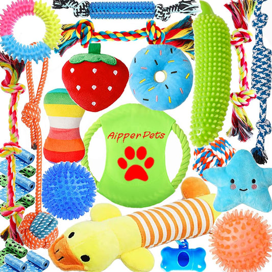 Aipper Dog Toys 25 Pack for Fun and Teeth Cleaning, Puppy Chew Toys Pack with Squeak Plush Toy,Squeaky Toy Balls,Tug of War and Rope Toys for Puppy to Small Dogs