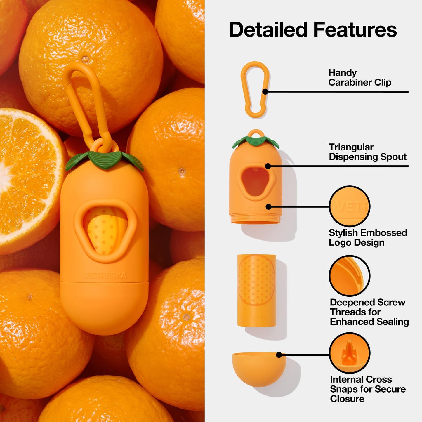 VETRESKA Dog Poop Bag Dispenser with Citrus Scented Waste Bags, Leak Proof, Extra Thick and Large Pet Poop Bags for Walking Dog and Cats Litter, 1 Count Holder and 105 Bags, Orange