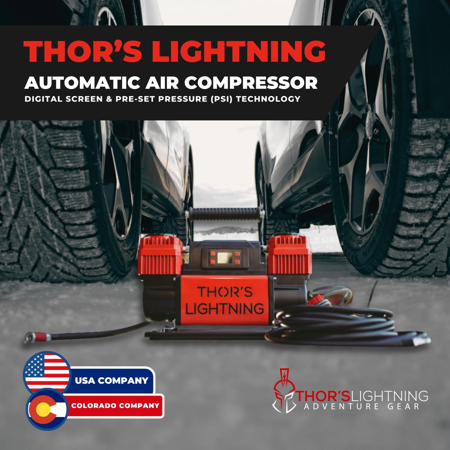 Thor's Lightning Air Systems Portable Automatic Air Compressor, 12V Battery Powered, 10.6 CFM with Digital Screen and Pre-Set Pressure (PSI) Technology