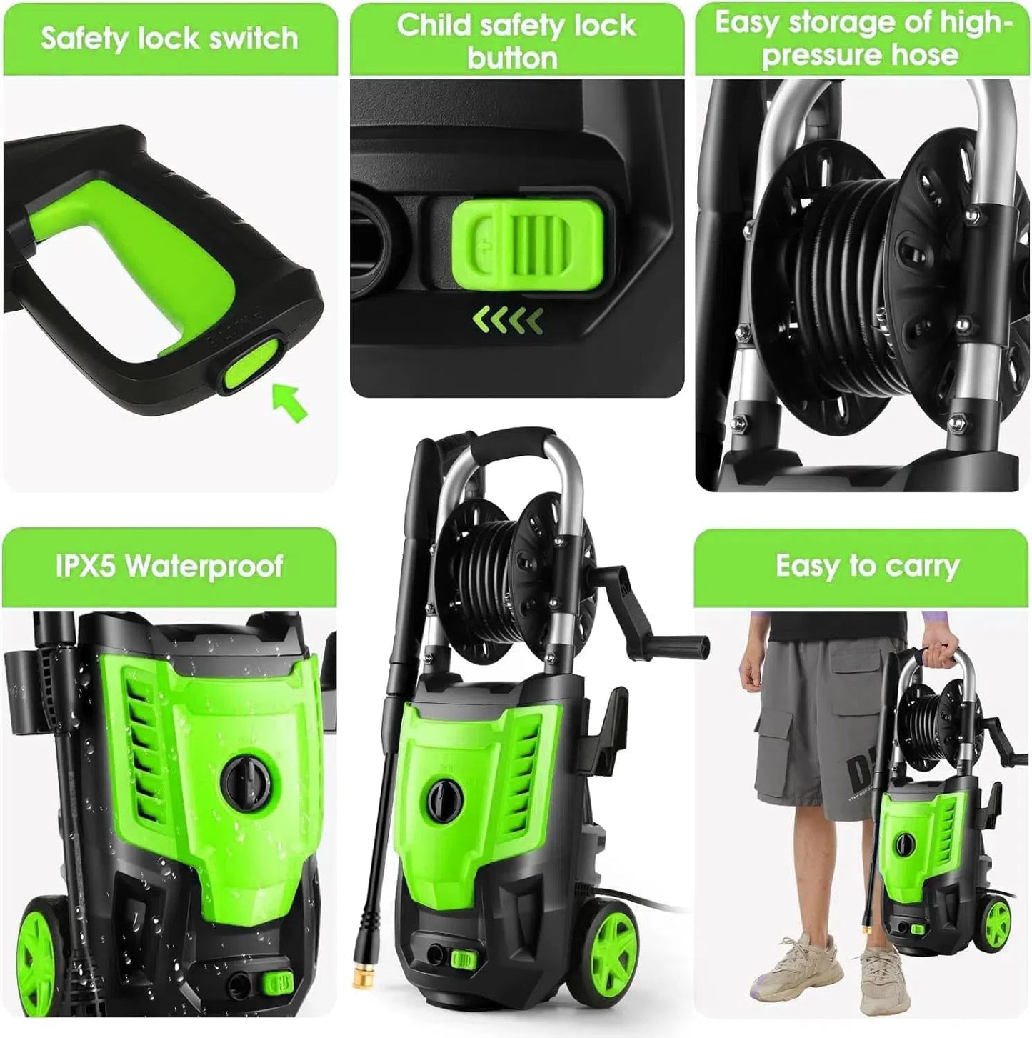4800 PSI Pressure Cleaner- 4.0 GPM High Power Cleaner with 33FT Hose Reel, 4 Spray Tips and Soap Bottle for Car Washing, Fence Cleaning, Patio Maintenance(Upgraded) (Green)