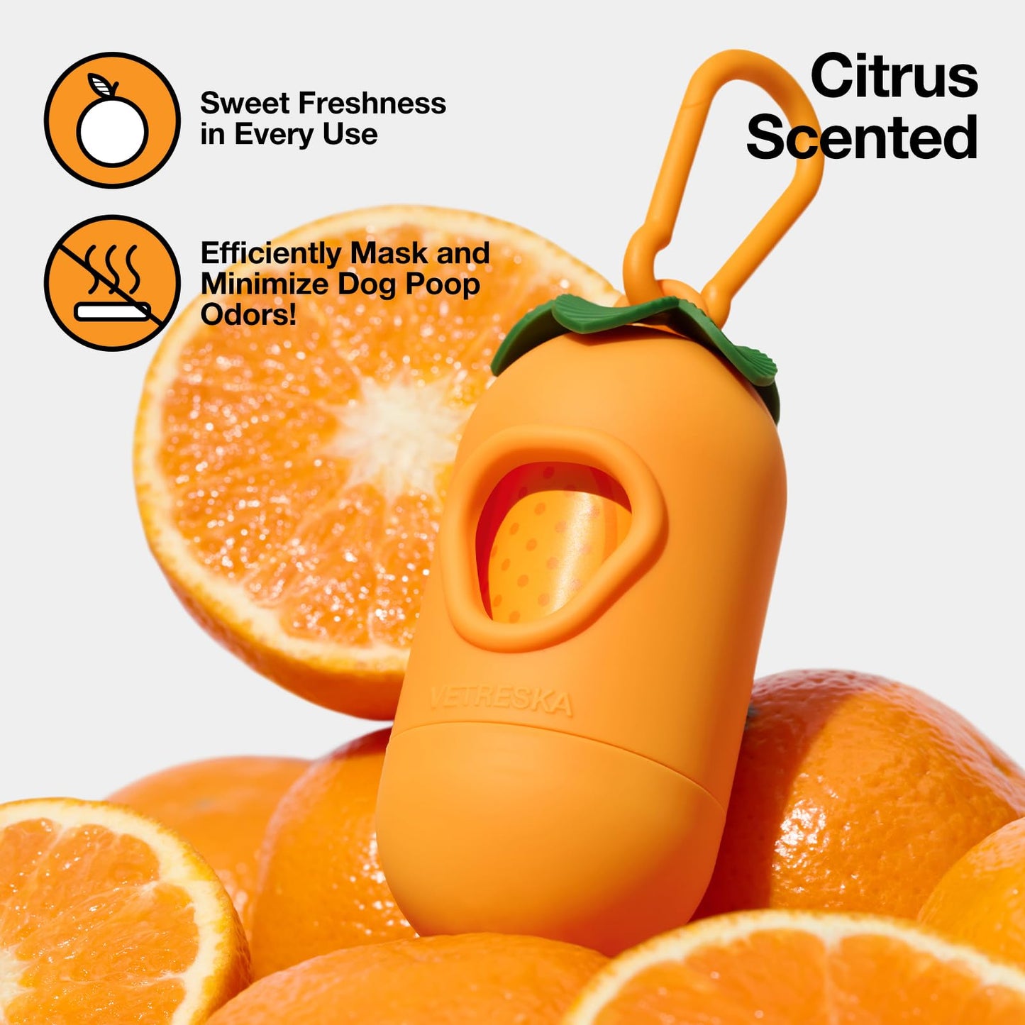 VETRESKA Dog Poop Bag Dispenser with Citrus Scented Waste Bags, Leak Proof, Extra Thick and Large Pet Poop Bags for Walking Dog and Cats Litter, 1 Count Holder and 105 Bags, Orange