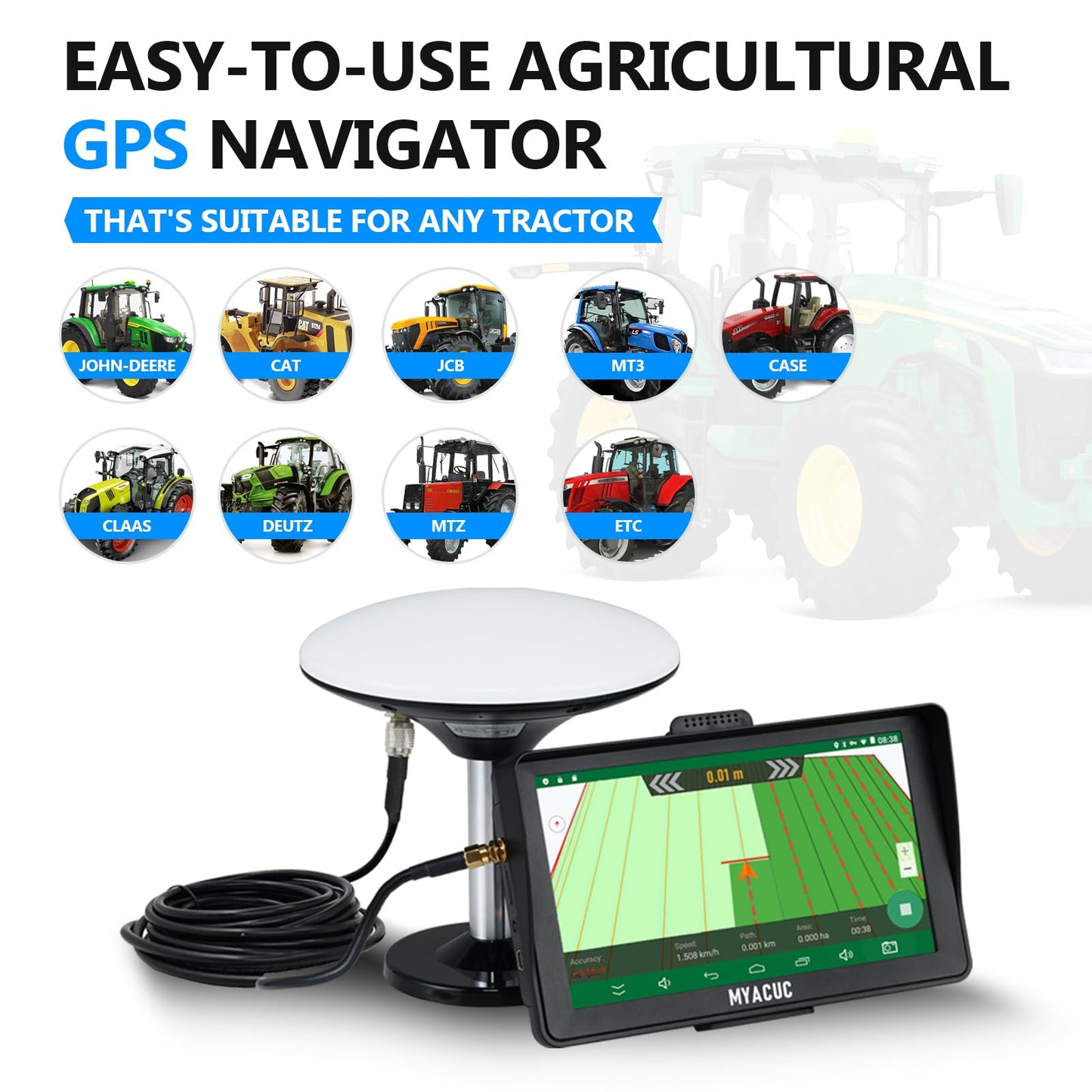 MYACUC Tractor GPS Navigator for Precision Farming, GNSS Agricultural Farming Navigator with 9" Touch Screen Suitable for Spraying Plowing and Sowing Farmland Activities Automatic Positioning