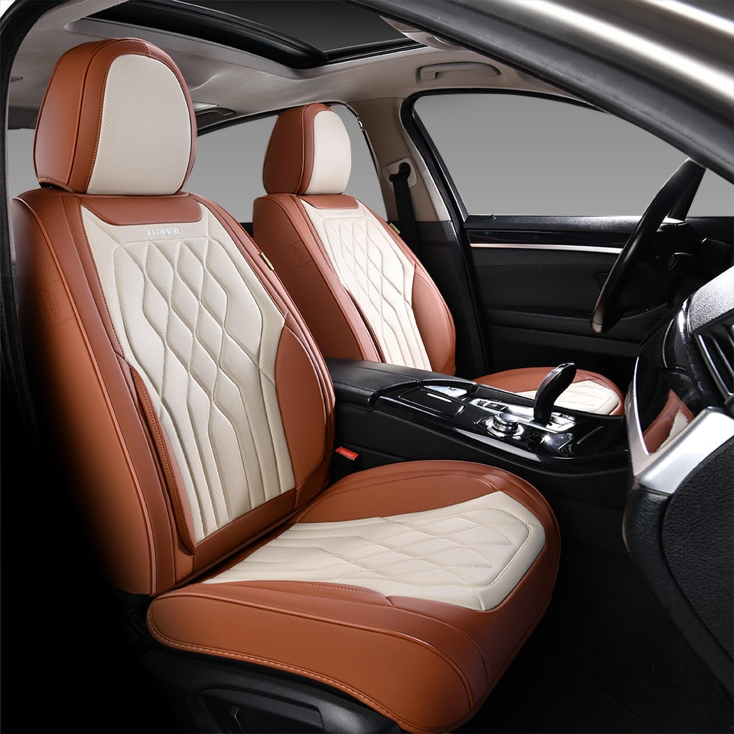 FLORICH Leather Car Seat Cover 5 Pieces, Full Set Car Seat Covers, Automotive Seat Covers Protector Fit for Most Sedans SUV Pick-up Truck - Brown&Beige