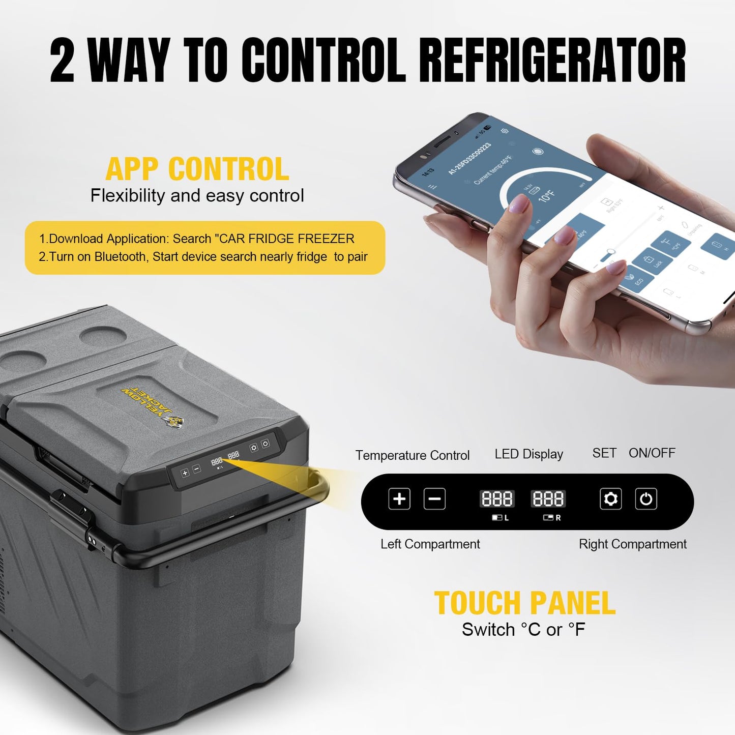 YELLOW JACKET 12v Car Refrigerator, 52-Quart Portable Freezer Electric Cooler with Wheels, 12V Car Fridge for Outdoor Camping Travel,12/24V DC 110~240 Volt AC Refrigerator for Home,RV, Offic