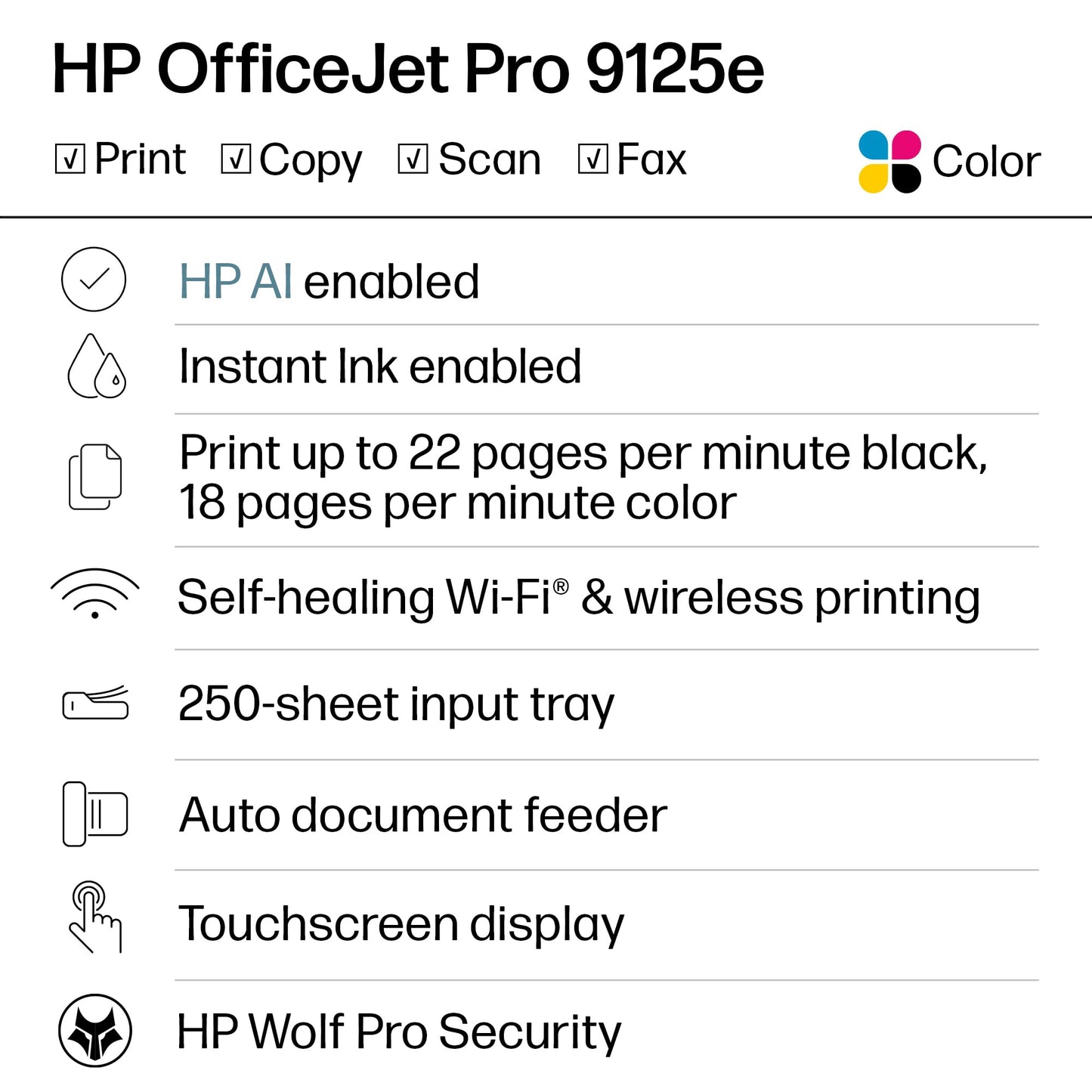 HP OfficeJet Pro 9125e Wireless All-in-One Color Inkjet Printer, Print, scan, copy, fax, ADF, Duplex printing best-for-office, 3 month Instant Ink trial included, AI-enabled (403X0A)