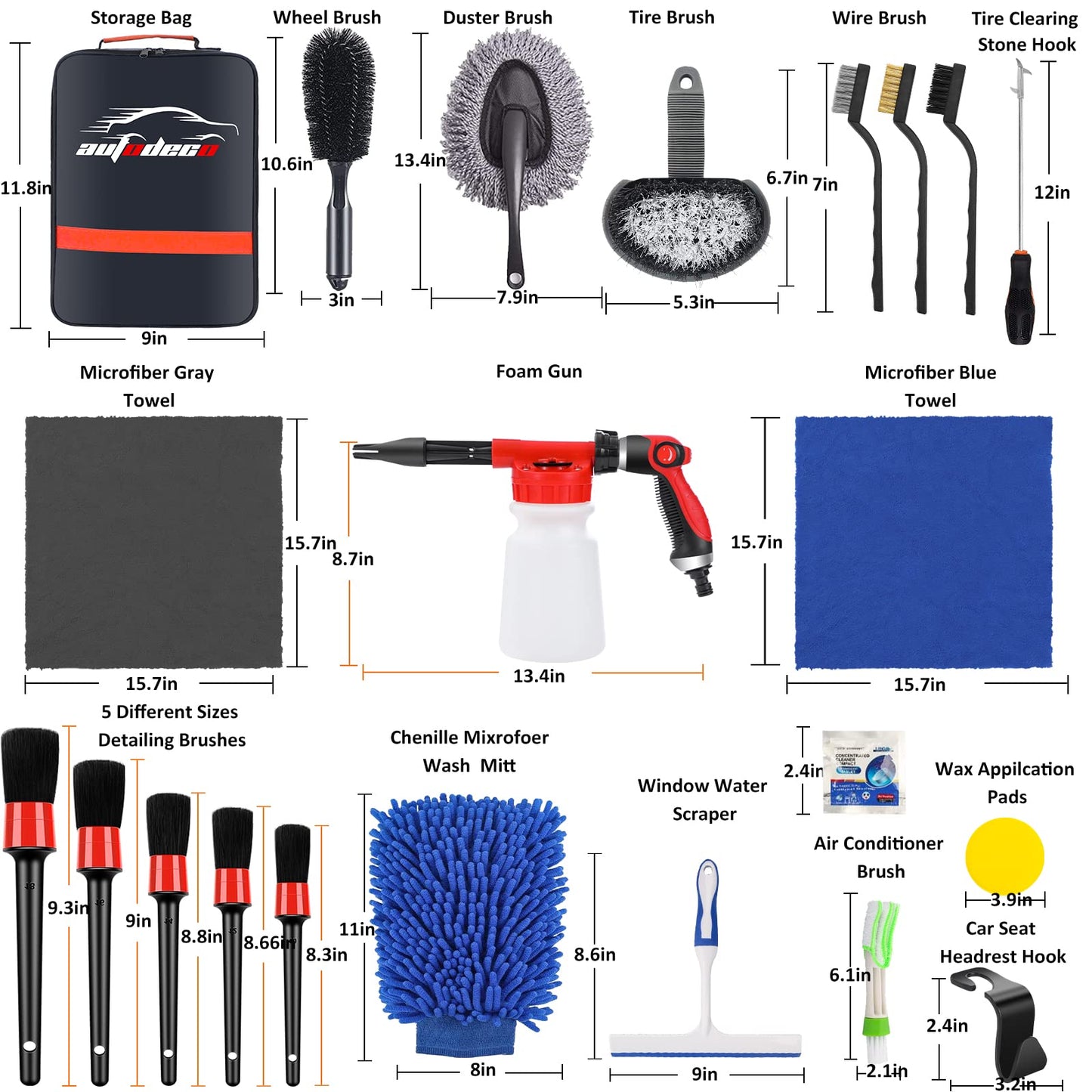 AUTODECO 33Pcs Car Wash Detailing Kit Cleaning Kits with Foam Gun Sprayer Brush Large Wash Mitt Towels Complete Interior Exterior Car Washing Supply Set Blue