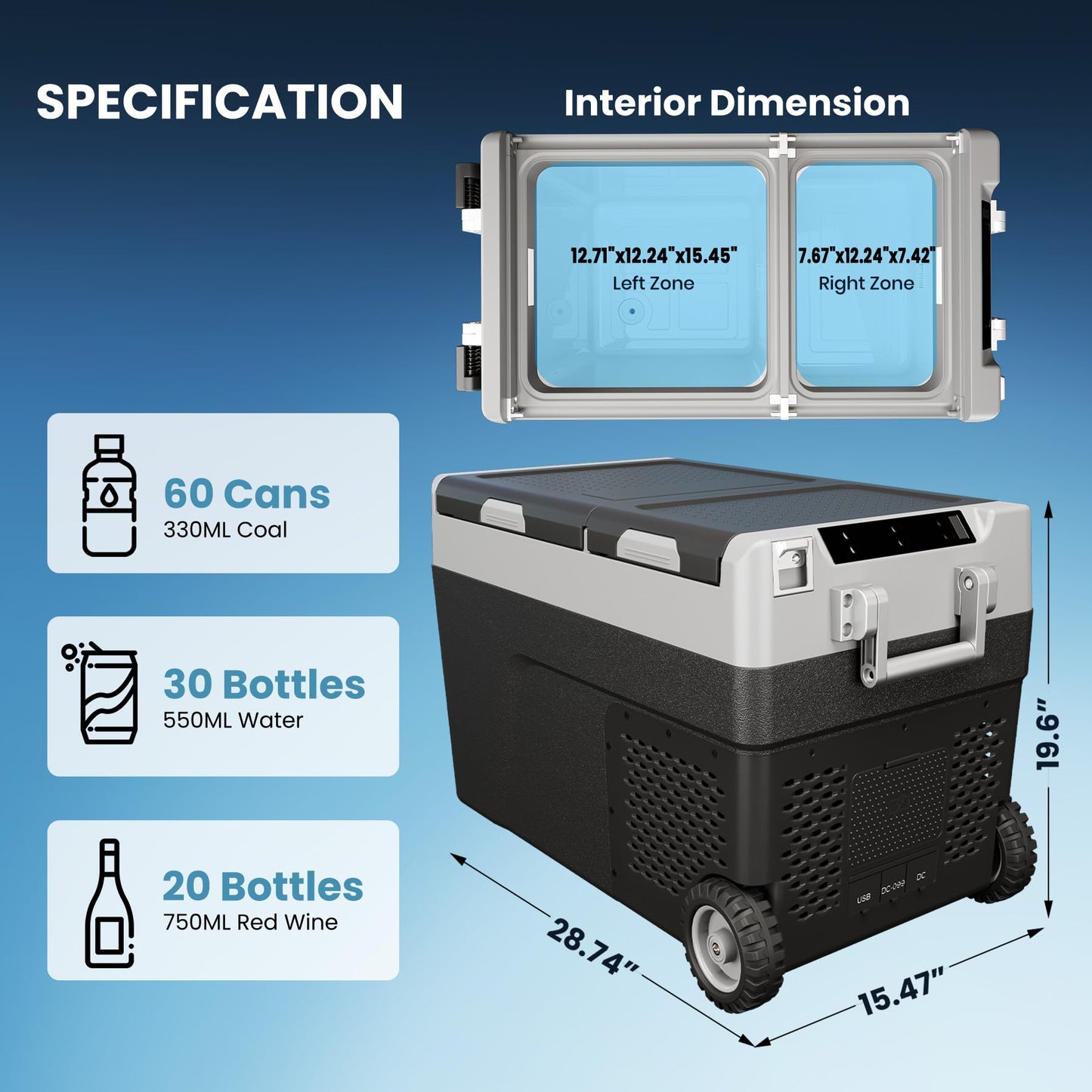 51 QT(48L) Portable Car Electric Cooler, 12V Refrigerator Fridge Freezer for Car, Dual Zone, -4℉~68℉, App Control, Wheels, AC/DC Charger for Camping, Picnic, Travel, Road Trip, Black