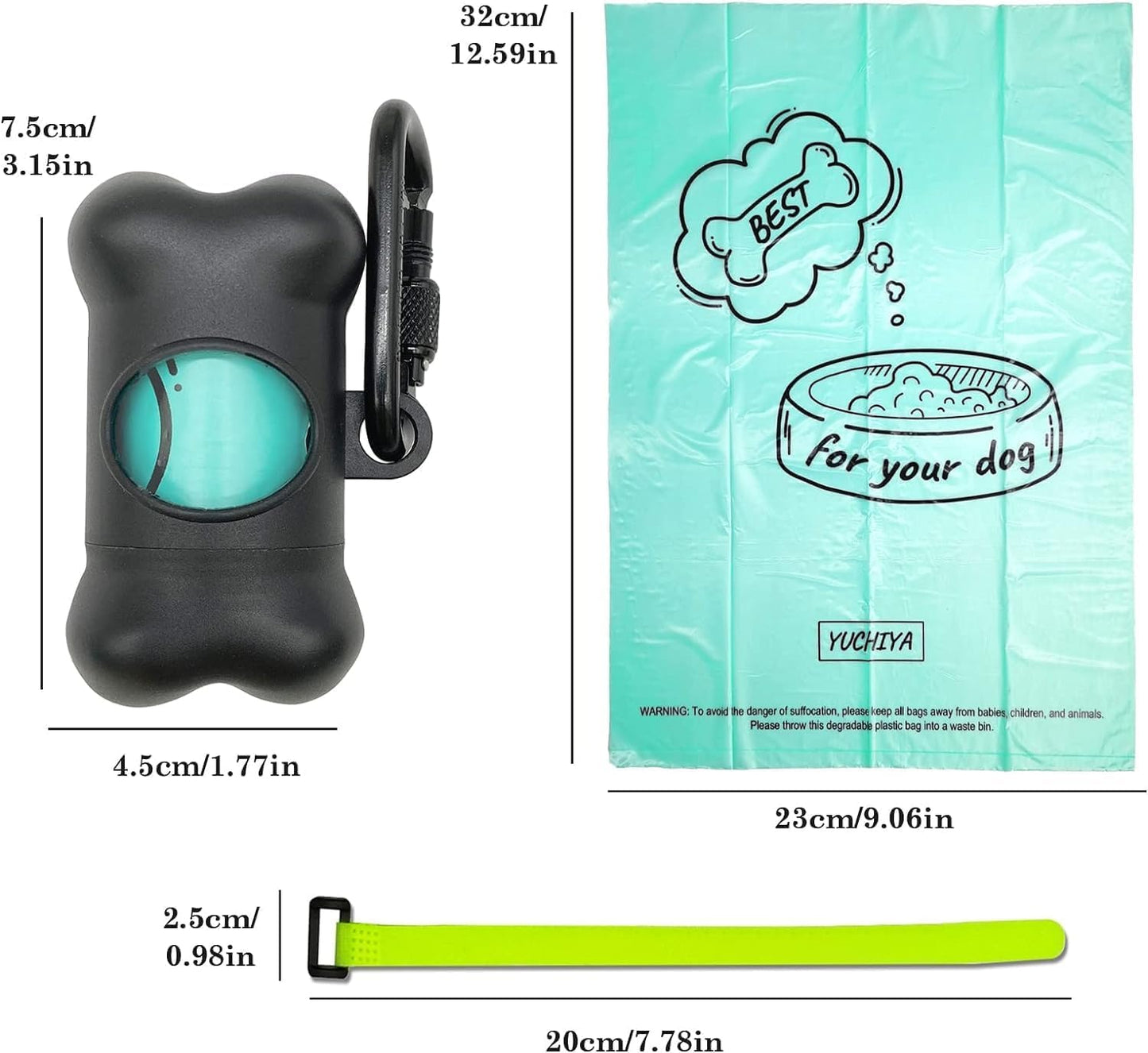 Dog Poop Pickup Bags Holder Dispenser with Standard-Sized Leak-Proof Scented Doggy Waste Bags and Carabiner with Safety Lock&Fastener Never Loose on Leash Lead Again (1 Holder 15 Bags, Black)