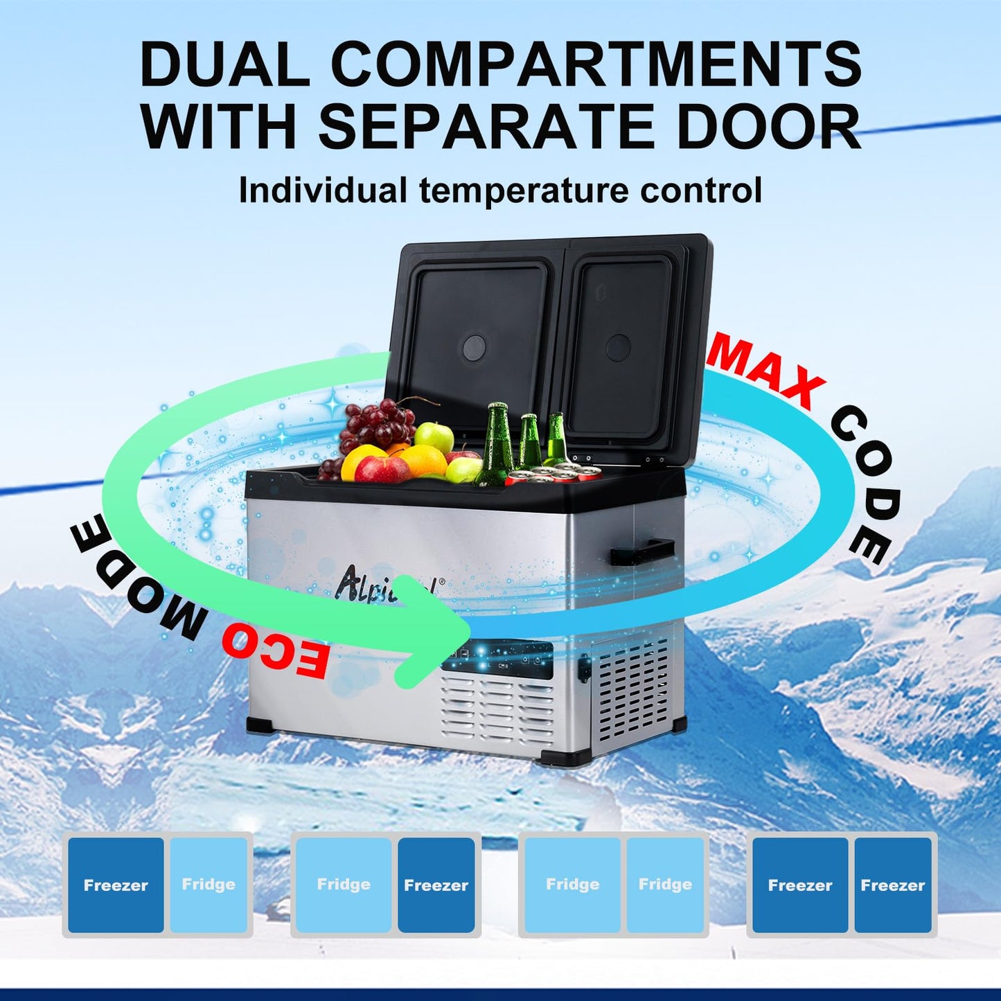 Alpicool CHS55 Dual Temperature Control 12 Volt Refrigerator 42 Quart Portable Car Fridge Freezer (-4°F~68°F) for Truck, RV, Boat, Camping and Travel
