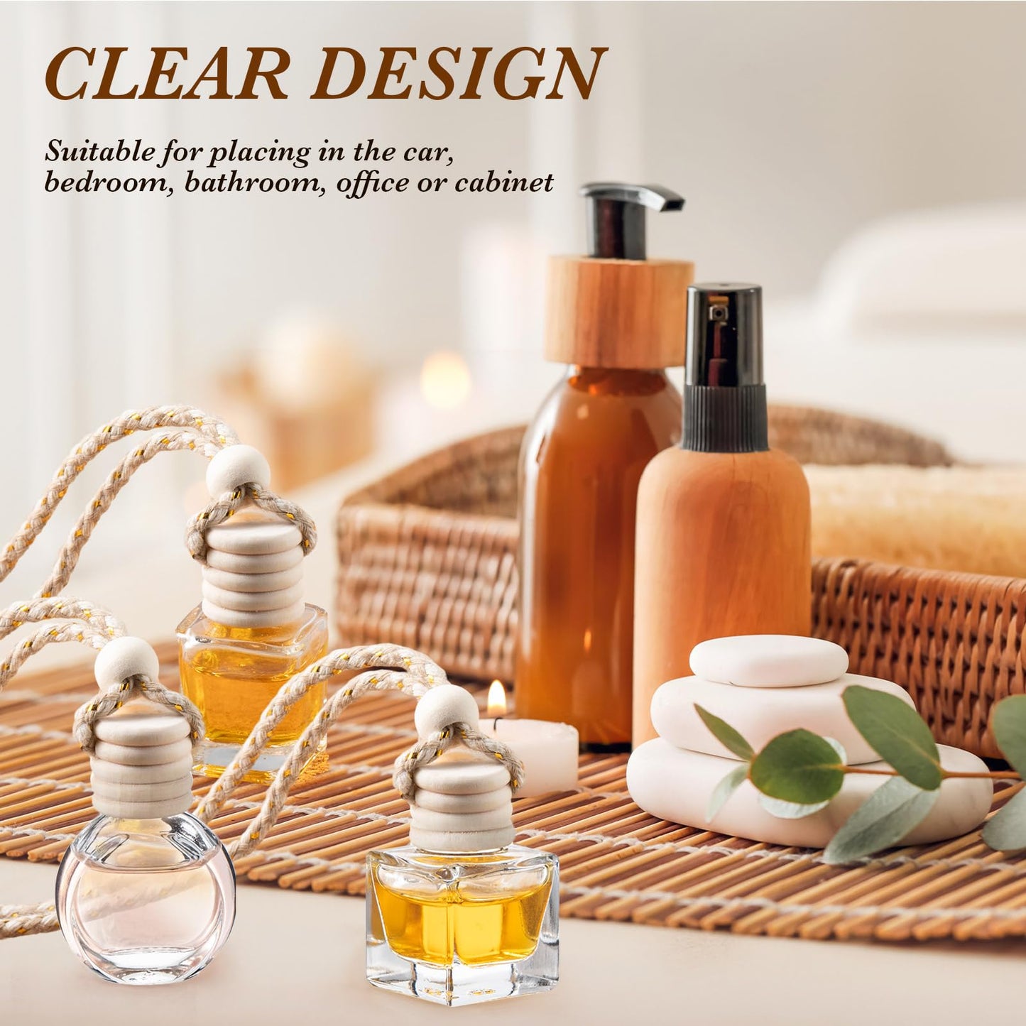 Zubebe 500 Pcs Hanging Car Diffuser Bottles Bulk, 5 Styles Empty Glass Refillable Air Freshener Bottles with Wooden Cap for Perfume Essential Oils Fragrance Aromatherapy Ornament, 8ml 10ml