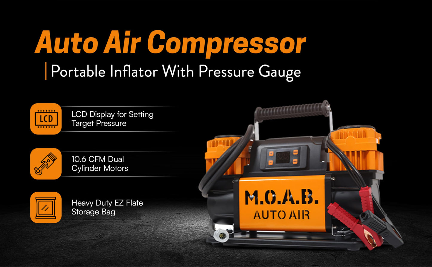 EZ FLATE M.O.A.B. Auto Air Compressor w/LCD Display, Set Target Pressure, dual air compressor, 10.6 CFM Offroad Air Compressor 4x4, 150 PSI, Inflator With Pressure Gauge