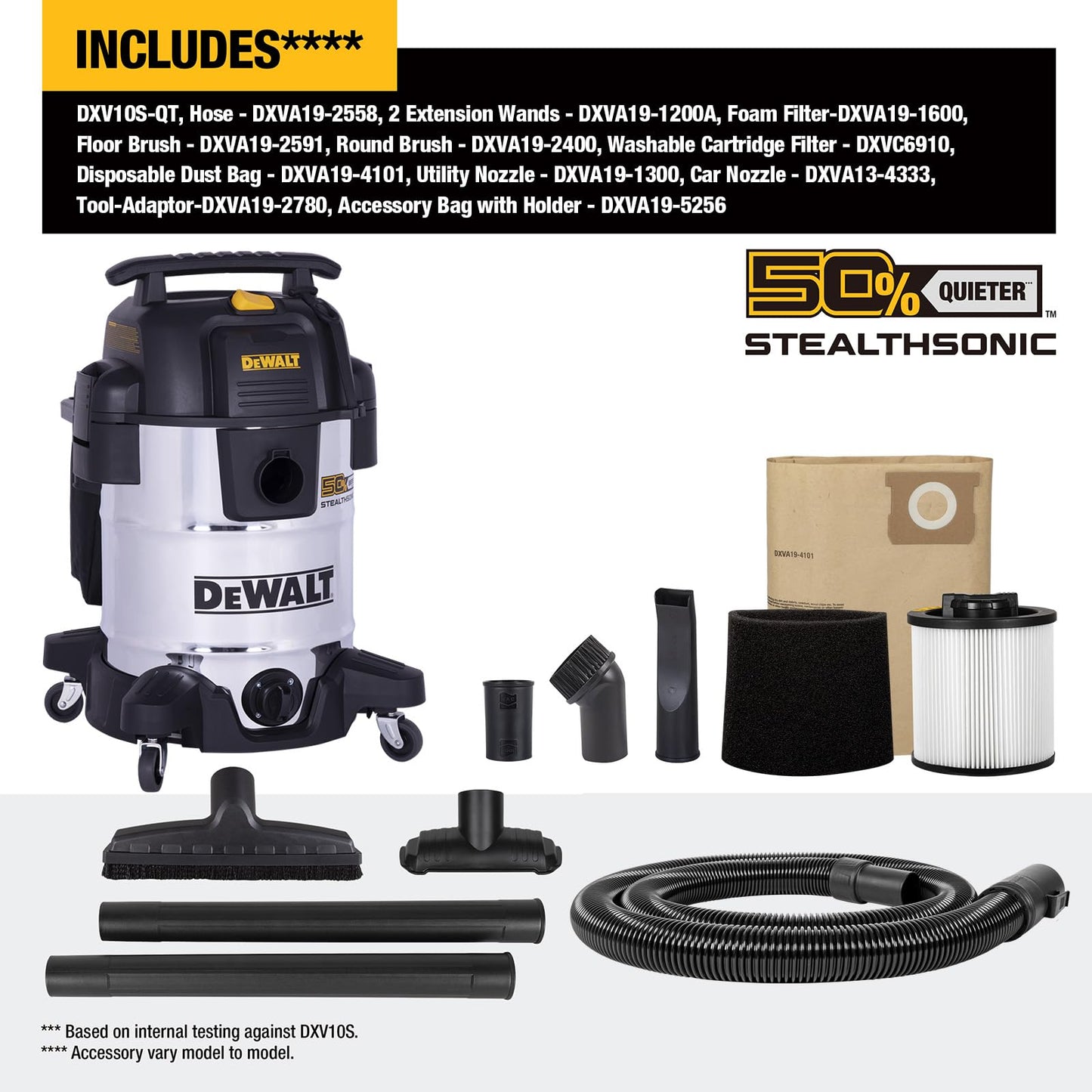 DEWALT 10 Gallon STEALTHSONIC Wet and Dry Shop Vacuum, Ultra Quiet Heavy Duty With Attachments, Powerful Outdoor Vac for Car, Garage, Workshop, Jobsite, Patio, DXV10S-QT, 5 Peak HP