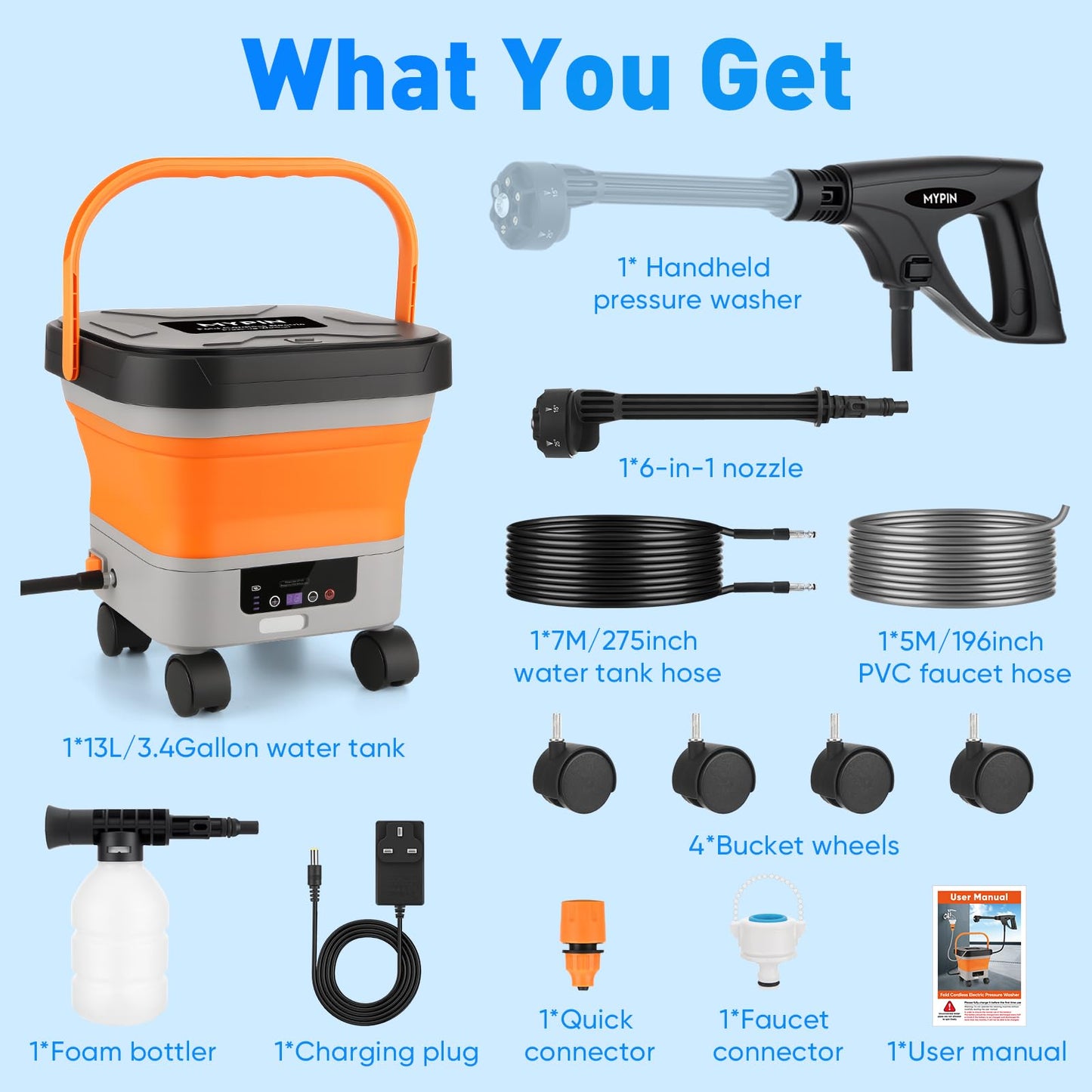 660PSI Portable Cordless Pressure Washer with Folding 3.4Gal Tank, 6-in-1 Nozzle, 7 Adjustable Pressure Levels, 7M Hose, Portable Sprayer with Wheels for Car Floor Wall Fence Cleaning, Pet Cleaning