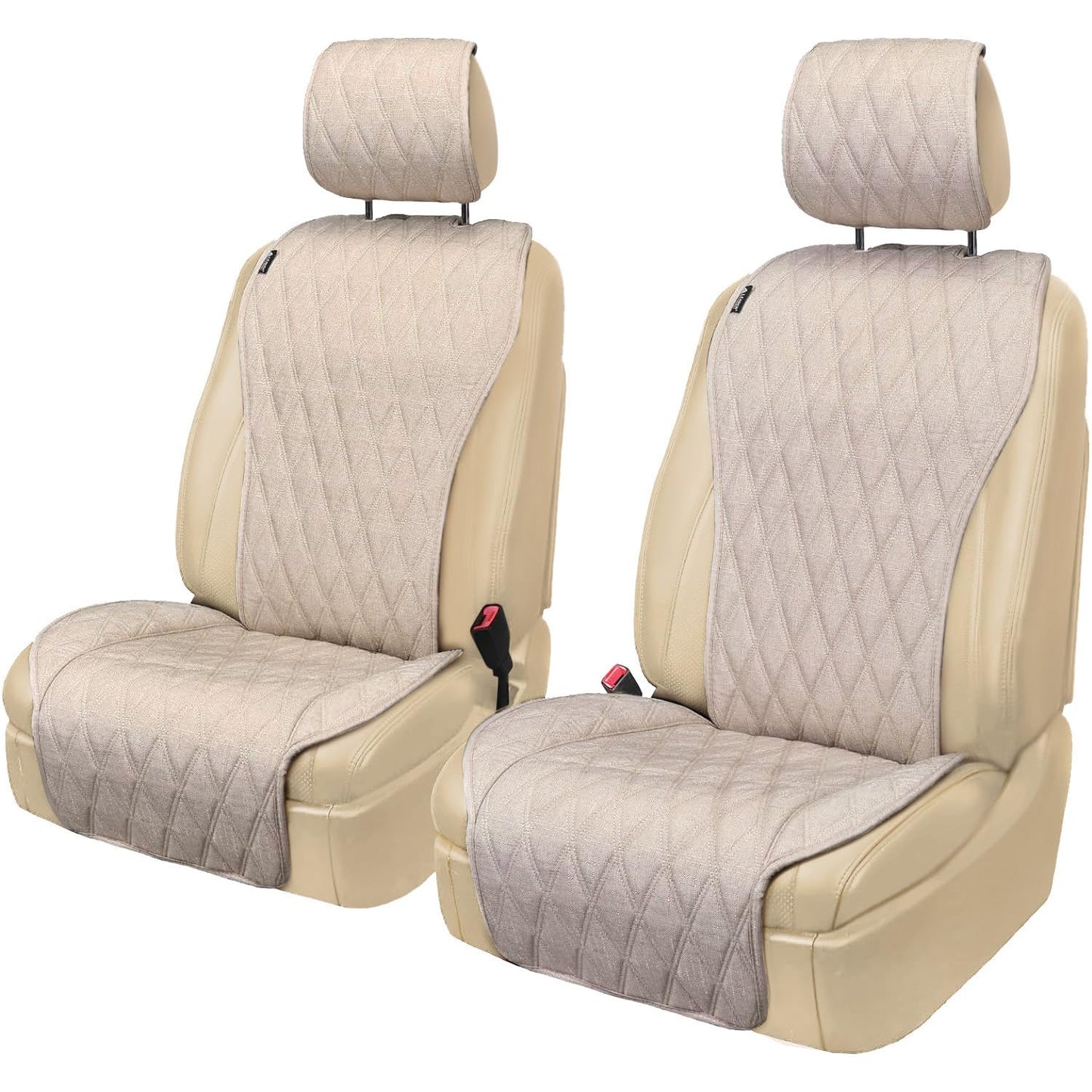 2pcs Sideless Car Seat Covers for All Seasons - Breathable Front Seats Cushions Non-Slip Bottom with Headrest Protectors - Universal Carseat Cover Fits for Most Vehicles Cars Van SUV Truck Beige