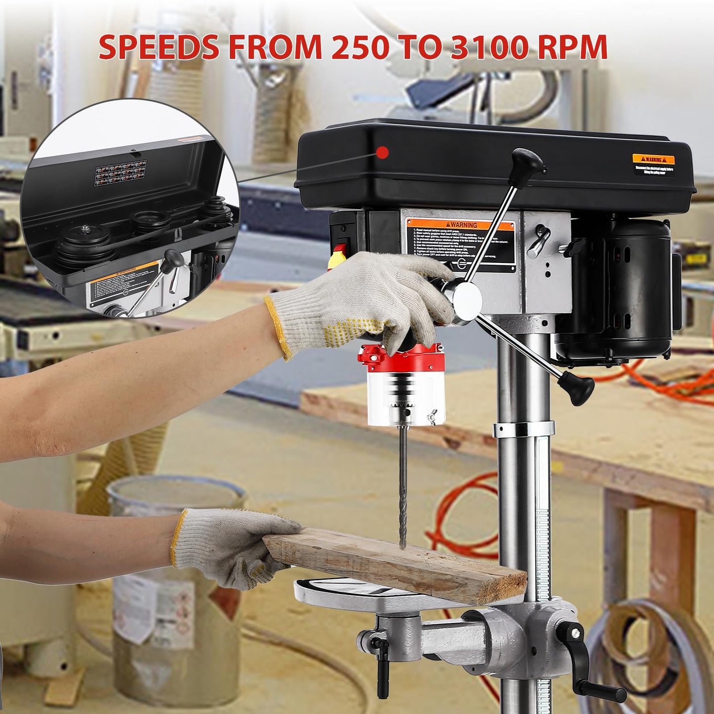 13 in Floor Drill Press, 7.5 Amp 120V, 288-3084 RPM Variable Speed Cast Iron Bench Drill Press, 0-45°Tilting Worktable, Tabletop Drilling Machine for Wood Metal