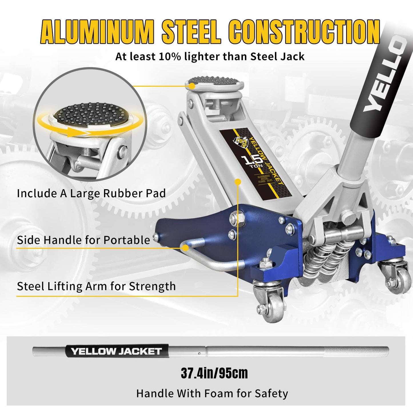 YELLOW JACKET Floor Jack 1.5 Ton Hydraulic Low Profile Aluminum and Steel Car Jack Lightweight Service Jack with Quick Lift Dual Pump, 3300 lbs Capacity