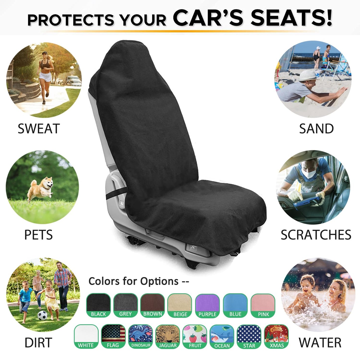 Waterproof Sweating Car Seat Cover for Post Gym Workout, Running, Swimming, Beach and Hiking, Universal Fit Non-Slip Towel Bucket Seat Protector for Cars SUV Trucks, Machine Washable (Black)