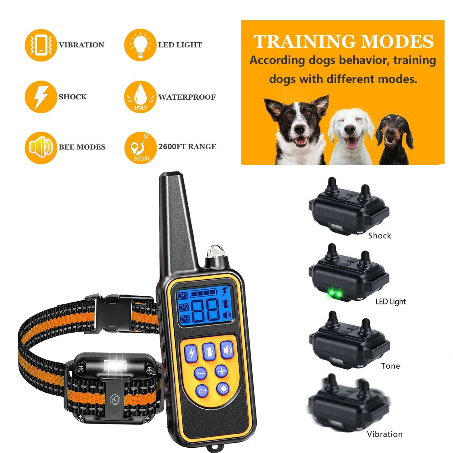 Heaflex Dog Shock Collar with Remote, Dog Training Electric Collar, Waterproof Rechargeable, 1640ft Dog Shock Collar with LED Light, Beep, Vibration, Shock for Medium/Large 3 Electronic Collars Dogs