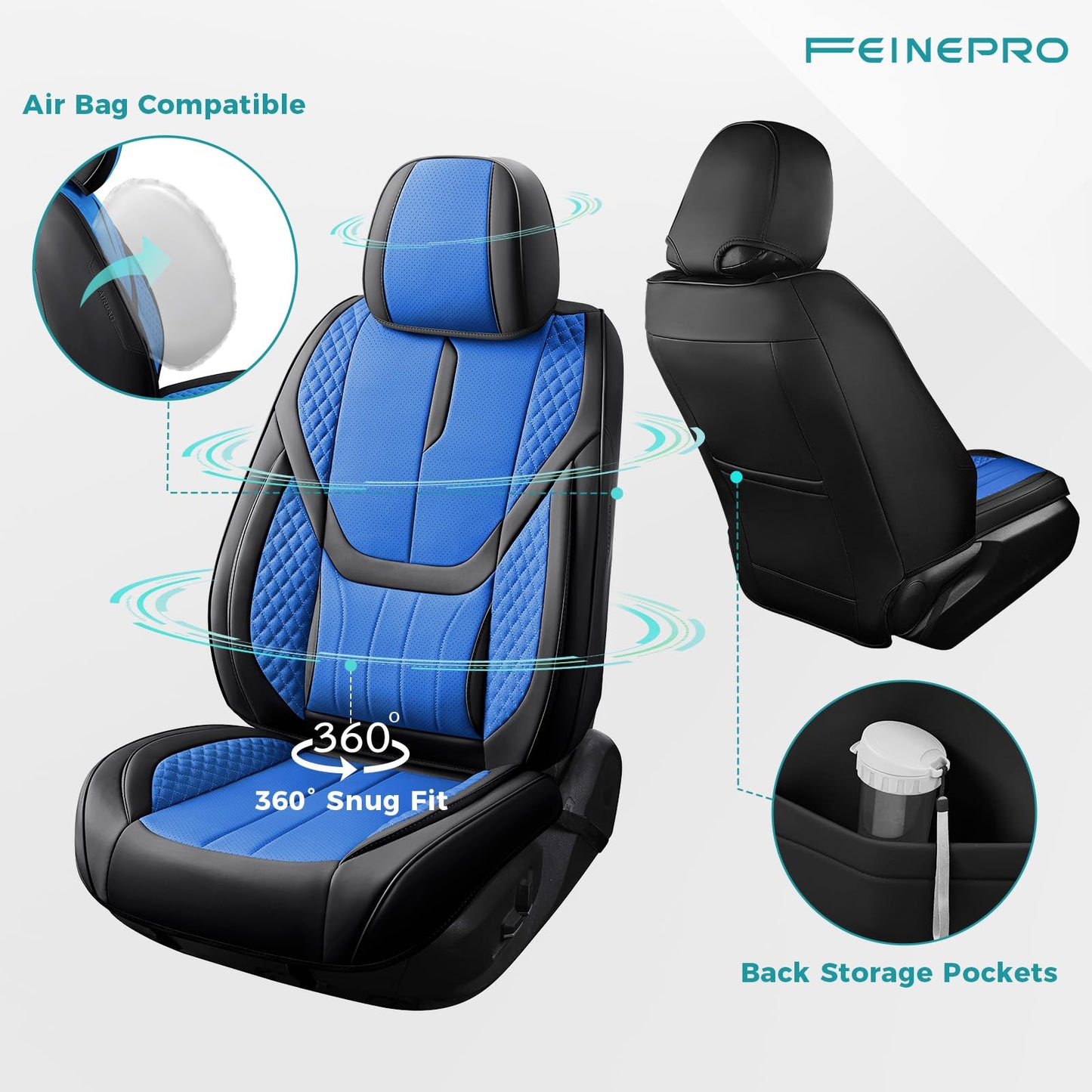 FEINEPRO Car Seat Covers Full Set - Universal Seat Covers for Cars SUV Truck – Faux Leather Automotive Seat Covers, Breathable & Waterproof Front and Rear Seat Protectors, Fit for Most Cars-BlackBlue