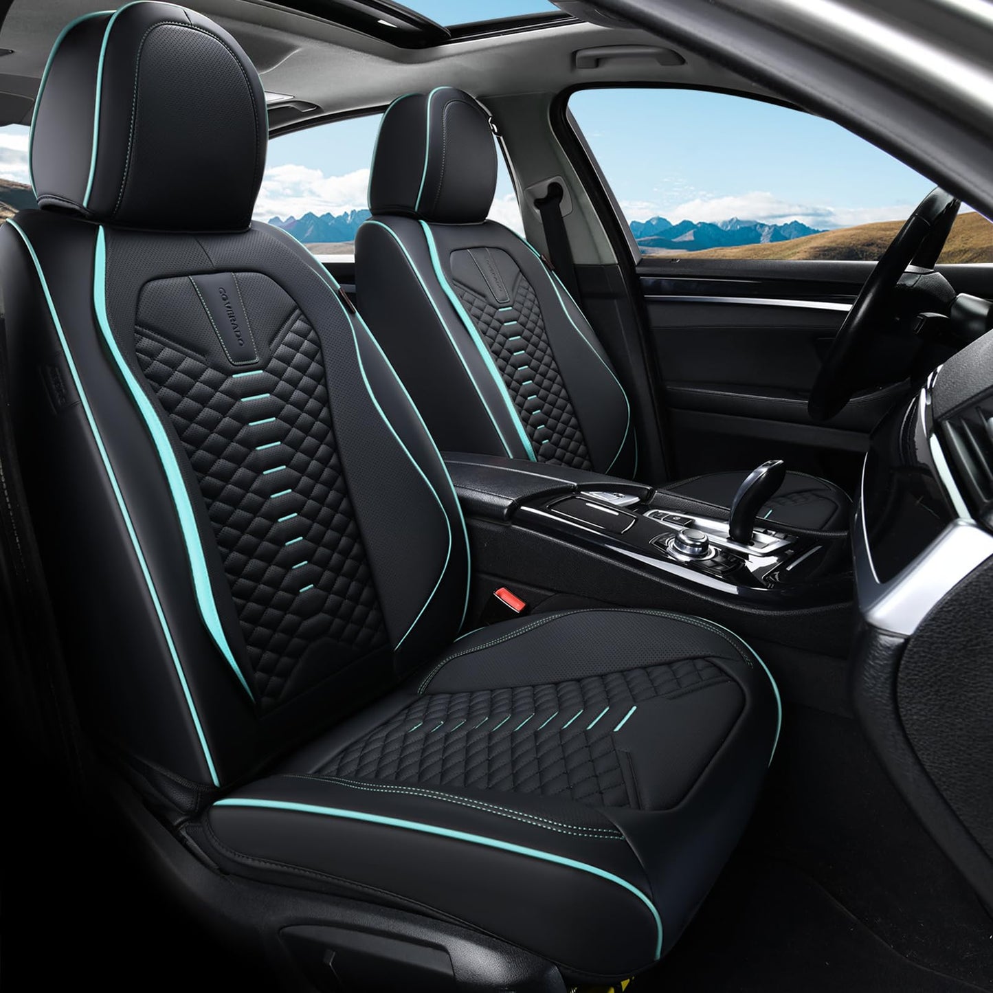 Coverado Leather Seat Covers, Car Seat Covers Full Set, Nappa Leather Seat Covers for Cars, Car Seat Protector Waterproof, Black Car Seat Cover, Universal Seat Cover Fit for Most Cars(Black&Blue)