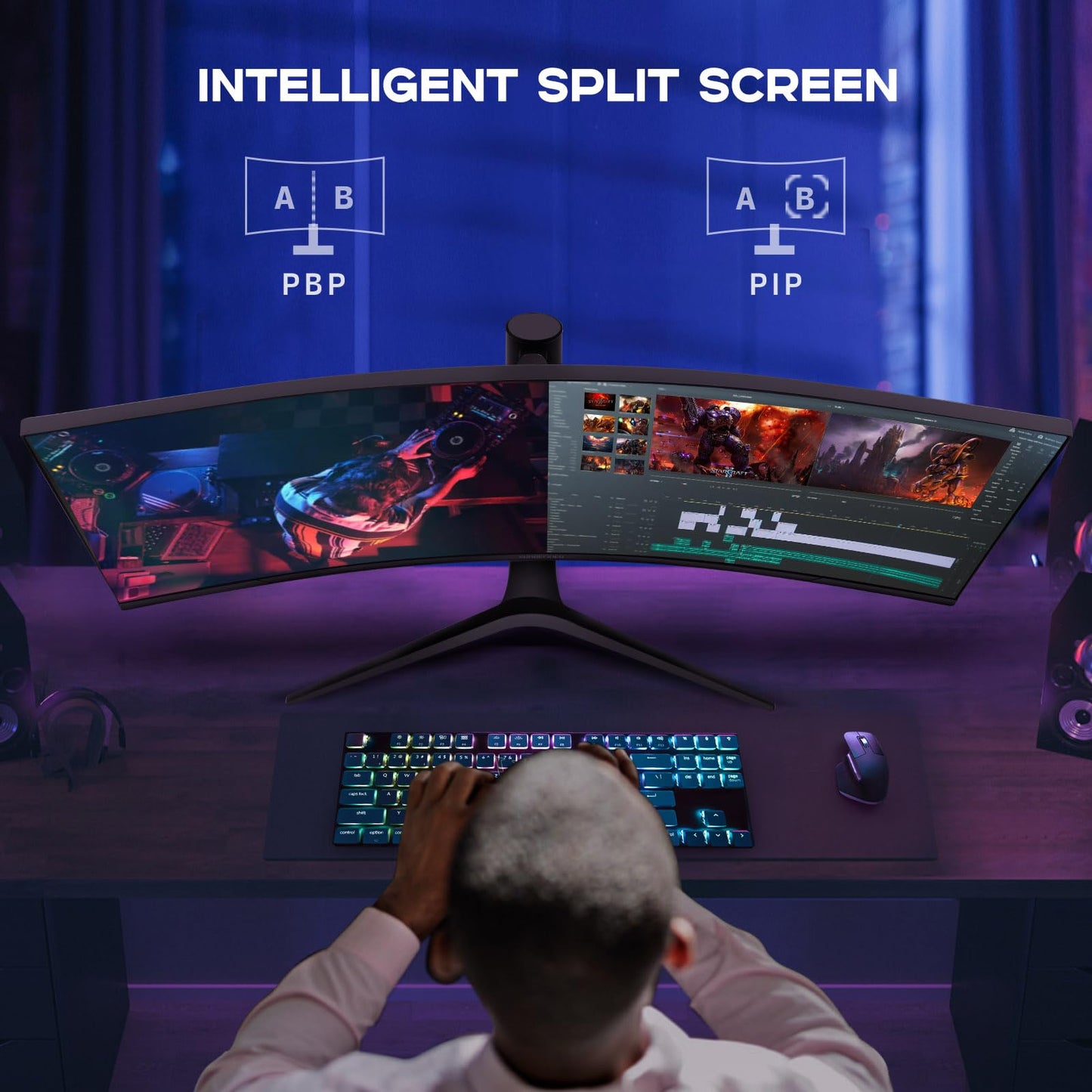 34 Inch Curved Monitor with Speaker, 180Hz UWQHD 3440x1440 Ultrawide Curved Gaming Monitor Split Screen, 4000:1 Contrast, sRGB 126%, FreeSync & G-SYNC, HDMI, DisplayPort, VESA, Height/Tilt/Swivel