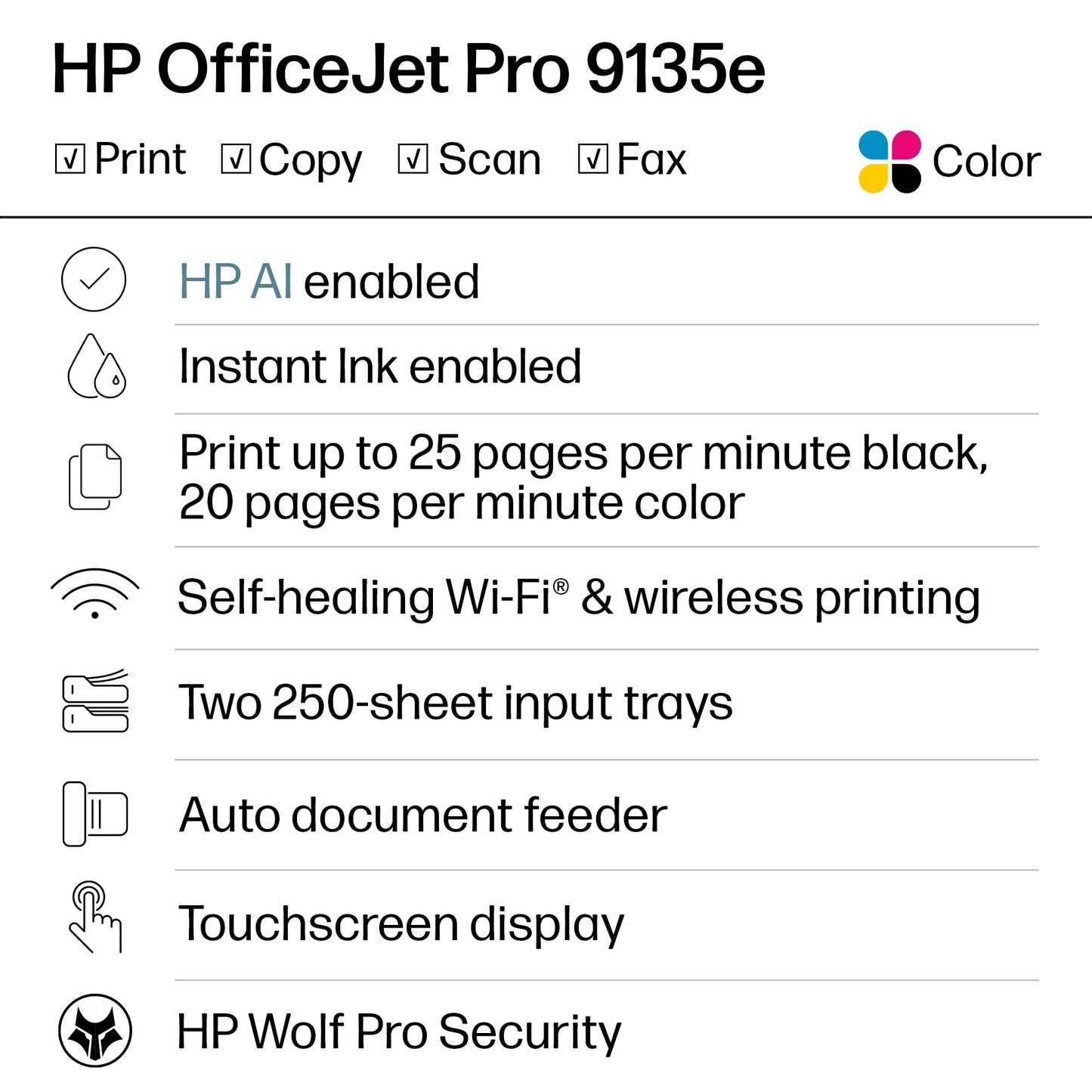 HP OfficeJet Pro 9135e Wireless All-in-One Color Inkjet Printer, Print, scan, copy, fax, ADF, Duplex printing best-for-office, 3 month Instant Ink trial included, AI-enabled (404M0A)