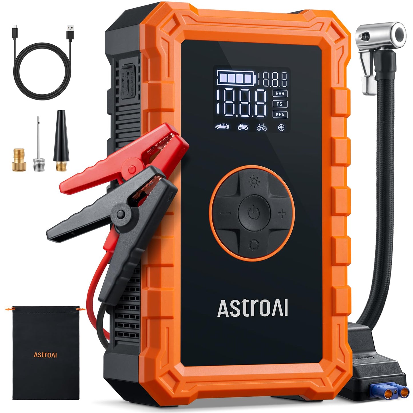AstroAI S8 Air Jump Starter with Air Compressor, 1500A Peak Car Battery Jump Starter Portable (6.0 Gas/3.0L Diesel) with 150PSI Cordless Auto-Shutoff Tire Inflator, 12V Battery Charger Booster(Orange)
