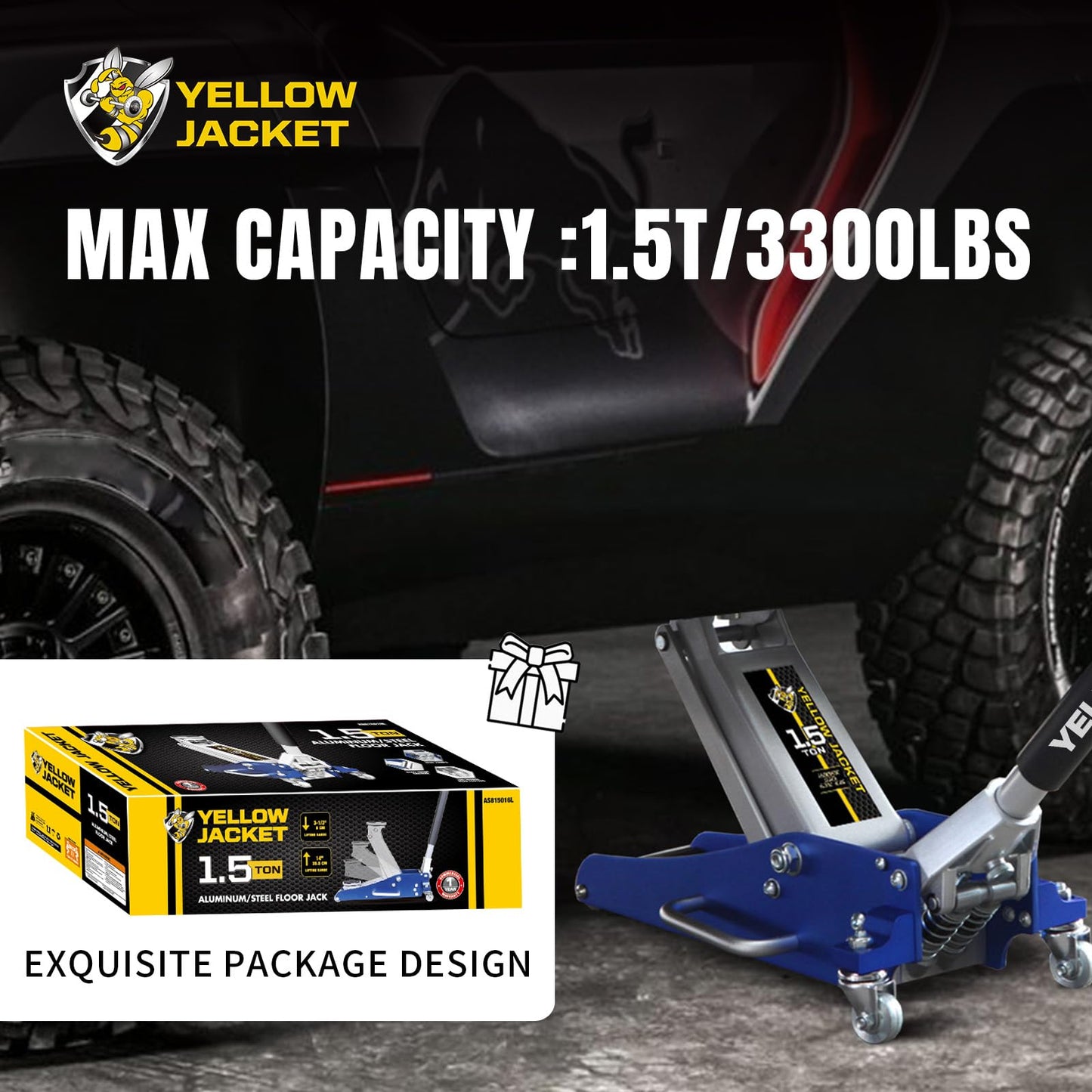 YELLOW JACKET Floor Jack 1.5 Ton Hydraulic Low Profile Aluminum and Steel Car Jack Lightweight Service Jack with Quick Lift Dual Pump, 3300 lbs Capacity