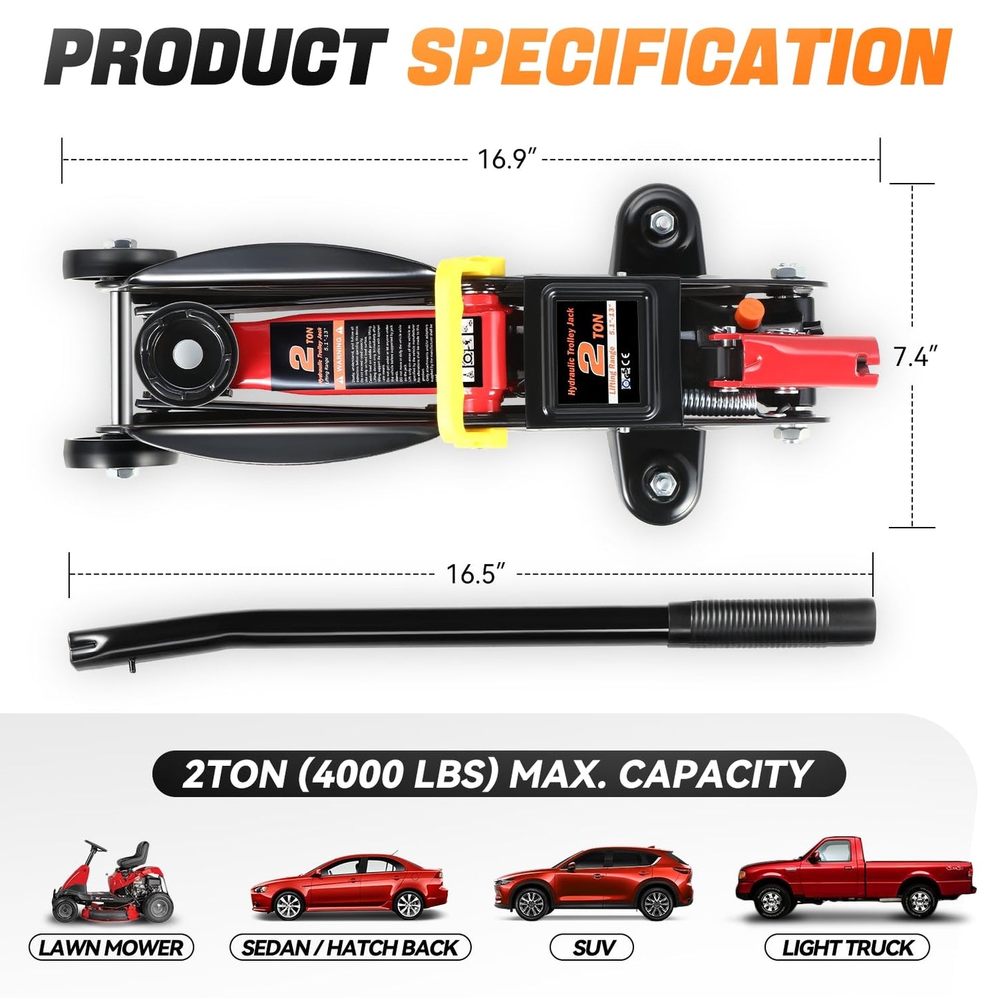 Auto Dynasty 2 Ton Floor Jack, Heavy Duty Steel Hydraulic Car Jack with Single Piston Quick Lift Pump, Hydraulic Racing Floor Jack, Lifting Range 5.1" to 13", Black